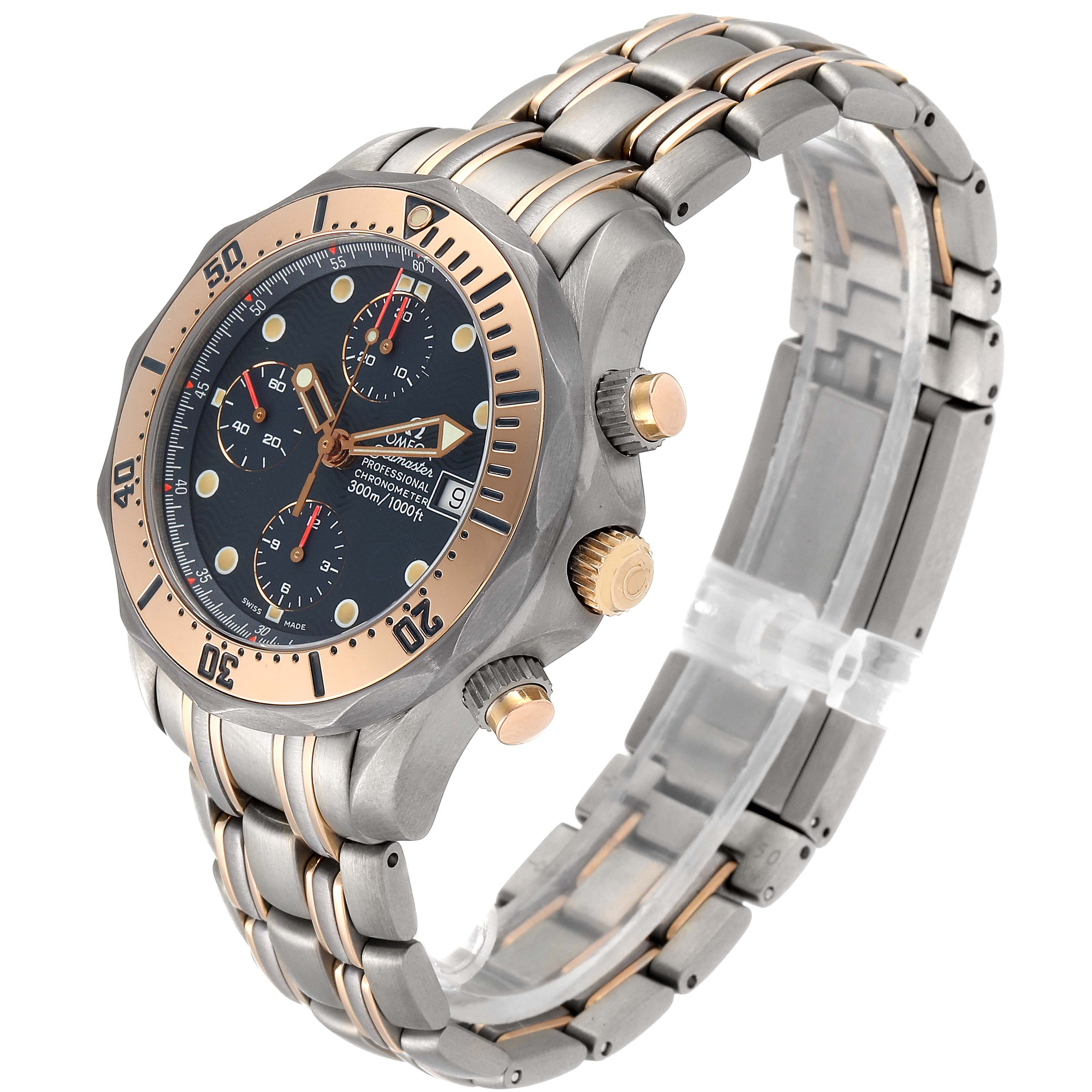 The Omega Seamaster 2296.80.00 Men's Steel and Gold (two tone) Blue Dial 2296.80.00 Men's Steel and Gold (two tone) Blue Dial watch is shown at an angled view, highlighting its dial, bezel, crown, pushers, and bracelet.