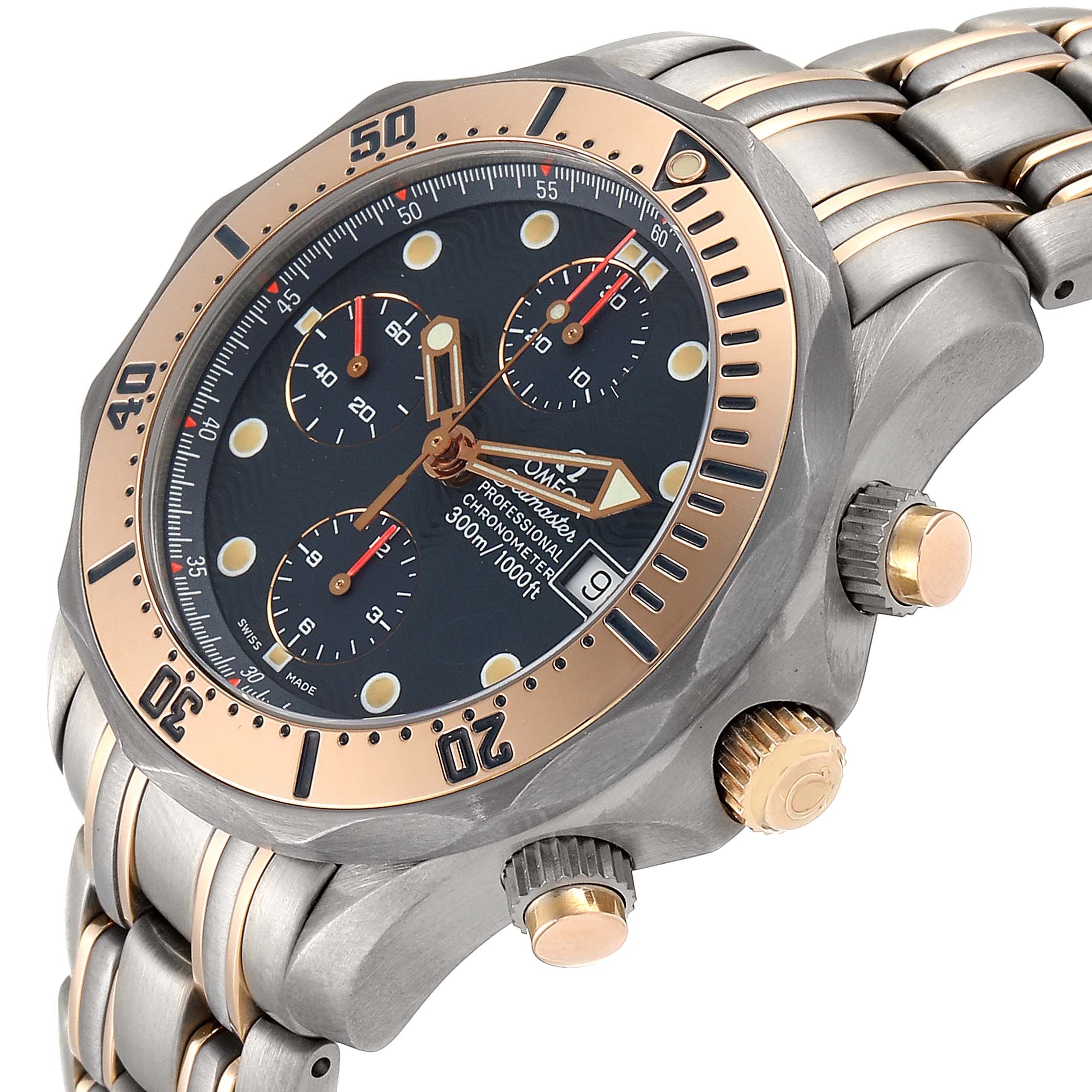 The image shows an angled view of an Omega Seamaster 2296.80.00 Men's Steel and Gold (two tone) Blue Dial 2296.80.00 Men's Steel and Gold (two tone) Blue Dial watch, highlighting the face, bezel, crown, and part of the bracelet.