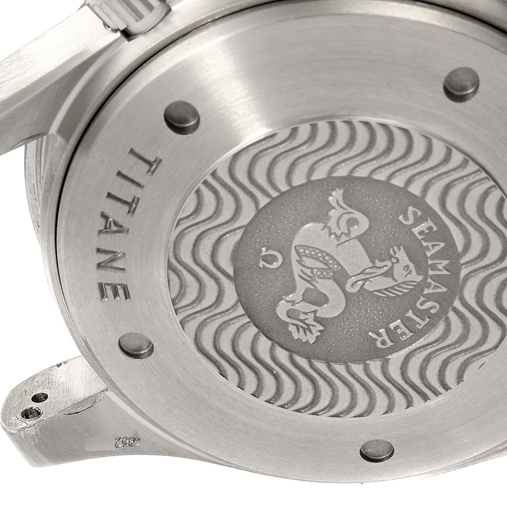 This image shows the back case of an Omega Seamaster 2296.80.00 Men's Steel and Gold (two tone) Blue Dial 2296.80.00 Men's Steel and Gold (two tone) Blue Dial watch, highlighting the Seamaster engraving and titanium build.