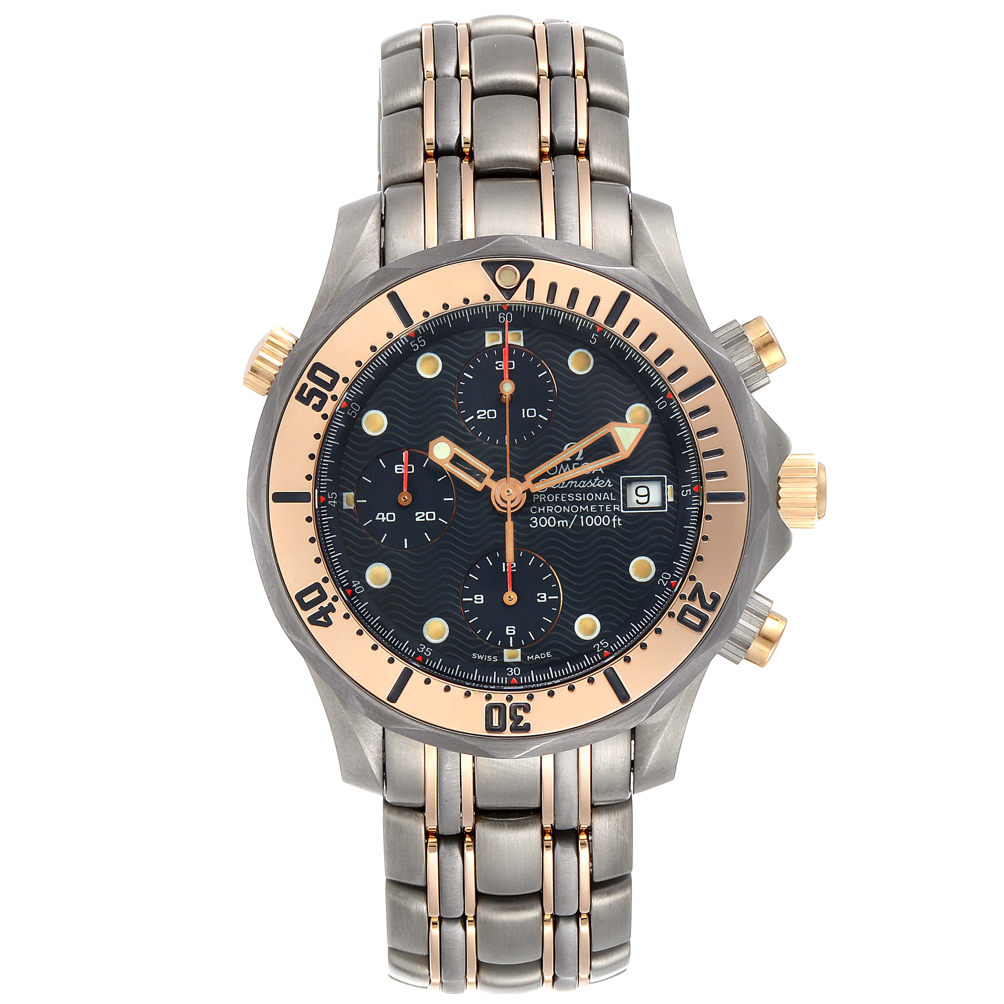 The image shows a front view of an Omega Seamaster 2296.80.00 Men's Steel and Gold (two tone) Blue Dial 2296.80.00 Men's Steel and Gold (two tone) Blue Dial watch, highlighting its dial, bezel, and bracelet.