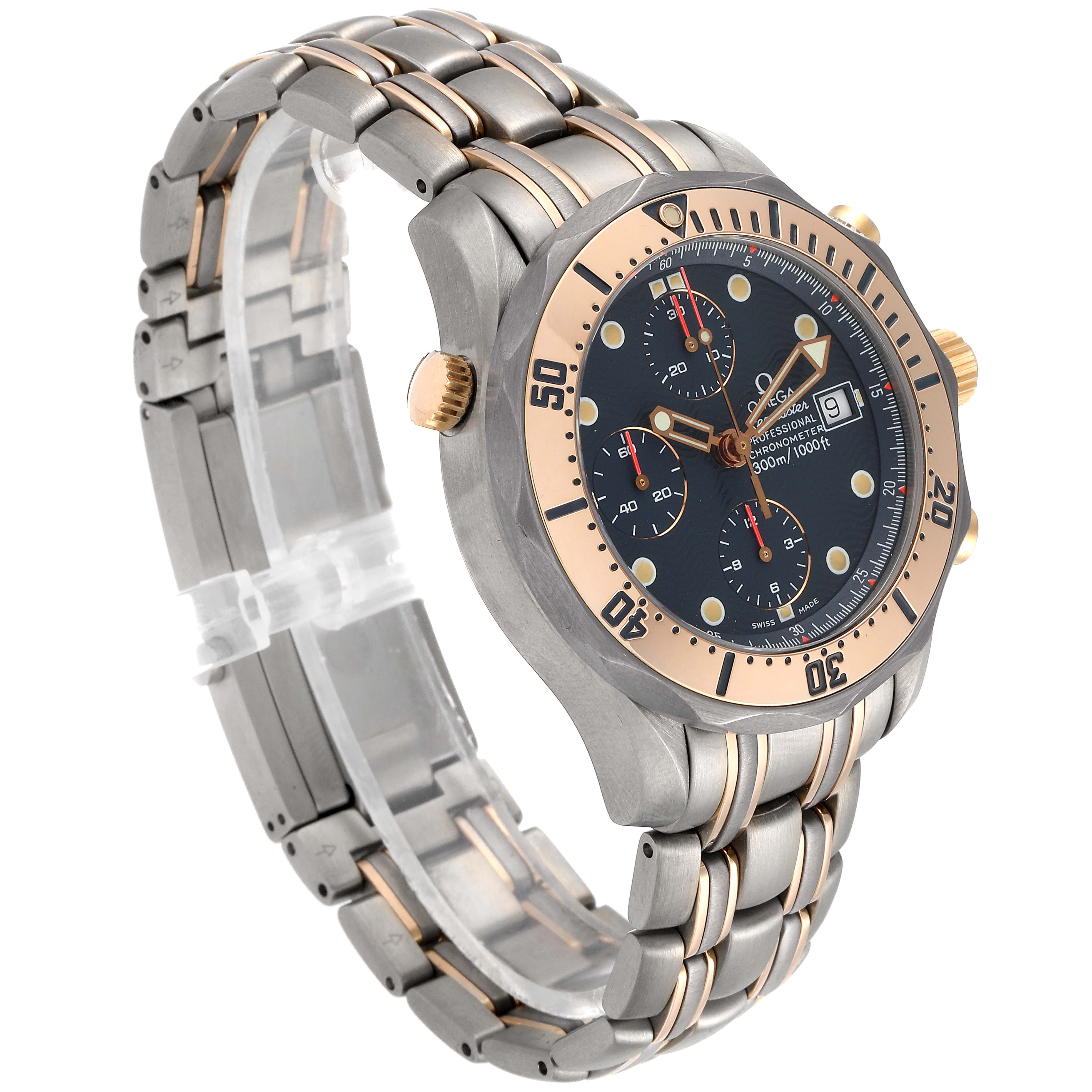 The watch is an Omega Seamaster 2296.80.00 Men's Steel and Gold (two tone) Blue Dial 2296.80.00 Men's Steel and Gold (two tone) Blue Dial, shown at an angled side view, displaying the face, bezel, crown, and part of the bracelet.