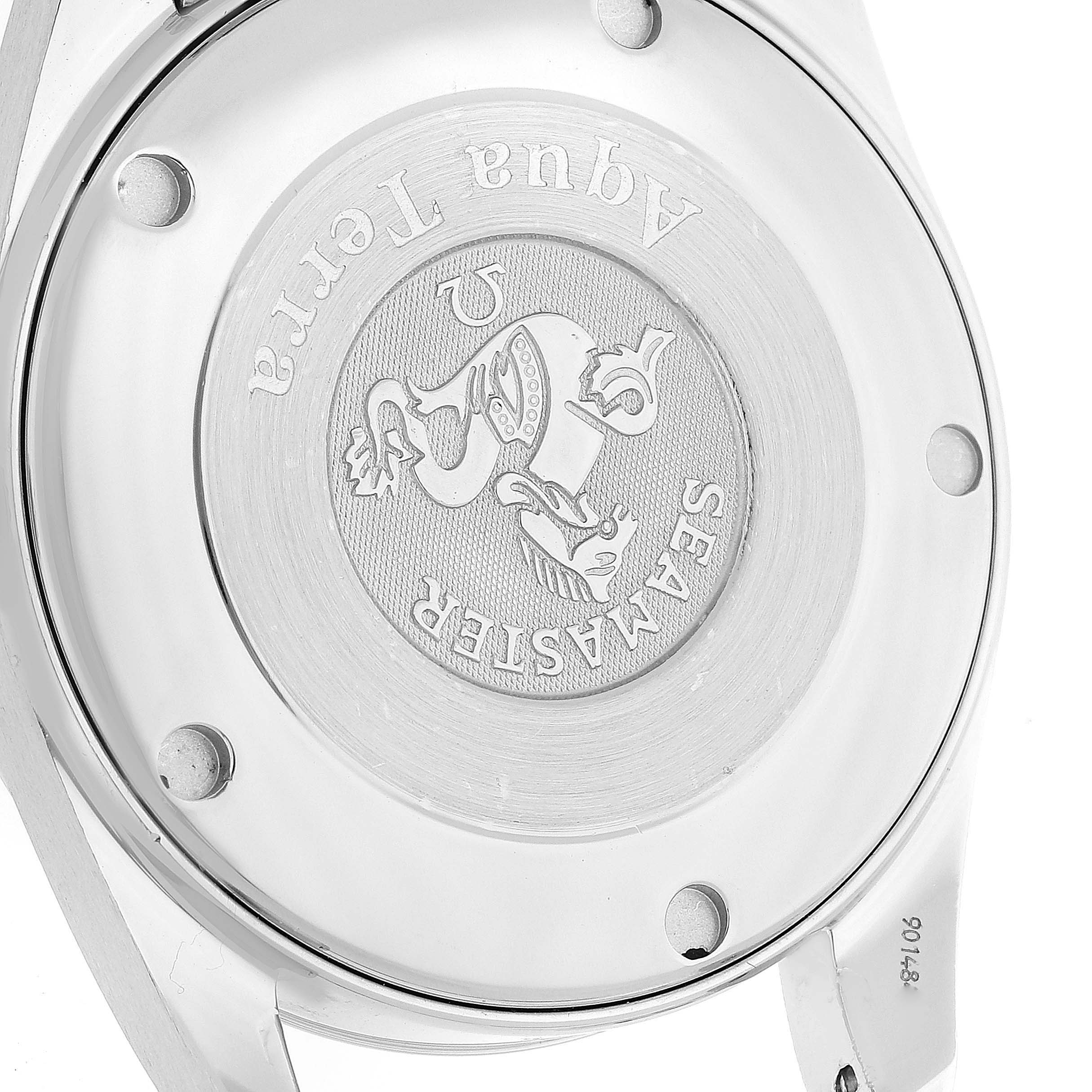 The image shows the back case of the Omega Aqua Terra 2518.50.00 Men's Stainless Steel Black Dial 2518.50.00 Men's Stainless Steel Black Dial Seamaster watch at a top-down angle.