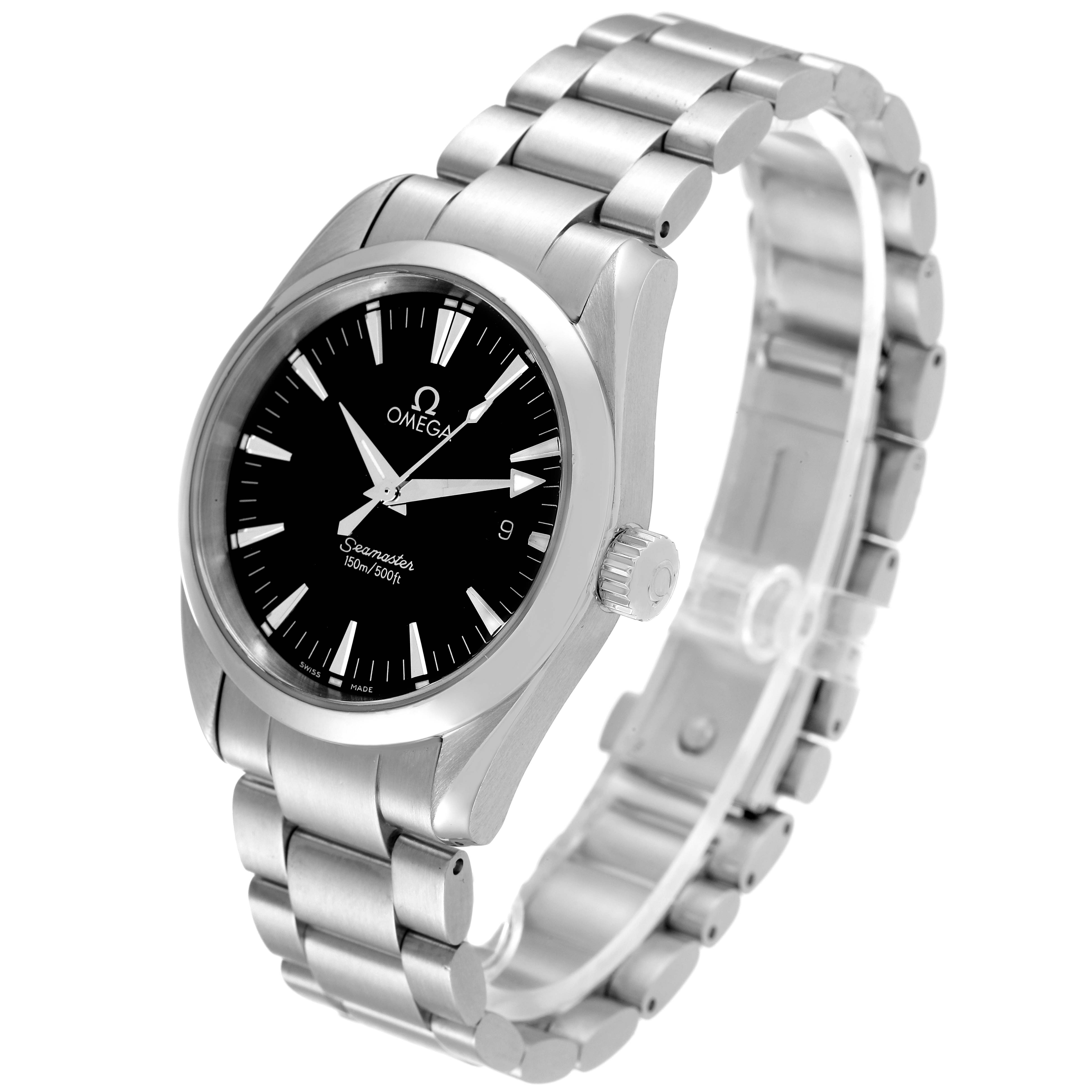 The Omega Aqua Terra 2518.50.00 Men's Stainless Steel Black Dial 2518.50.00 Men's Stainless Steel Black Dial watch is shown at a three-quarter angle, displaying the face, bezel, crown, and metal bracelet.