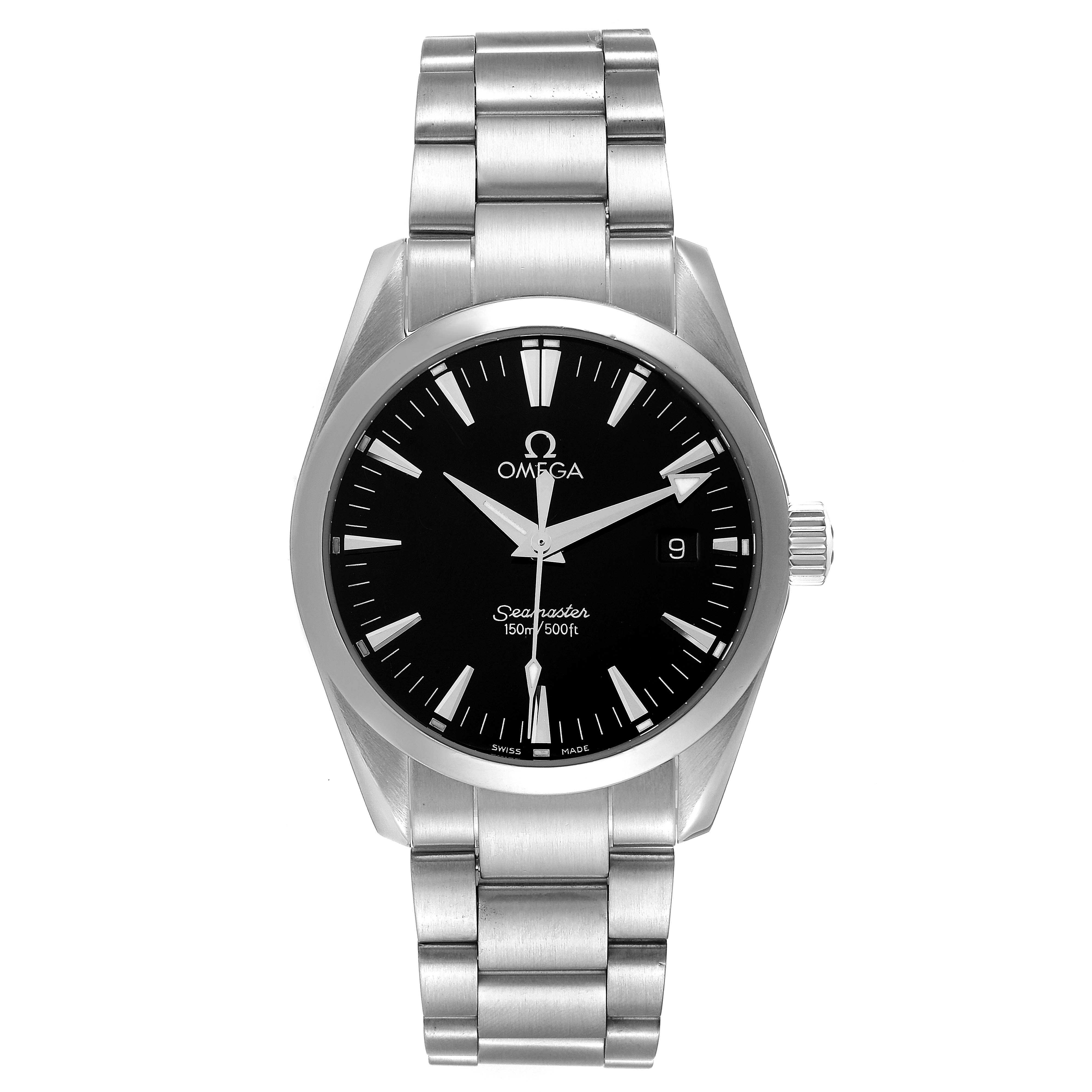 The image shows a front view of the Omega Aqua Terra 2518.50.00 Men's Stainless Steel Black Dial 2518.50.00 Men's Stainless Steel Black Dial watch, displaying its black dial, stainless steel bracelet, and crown.