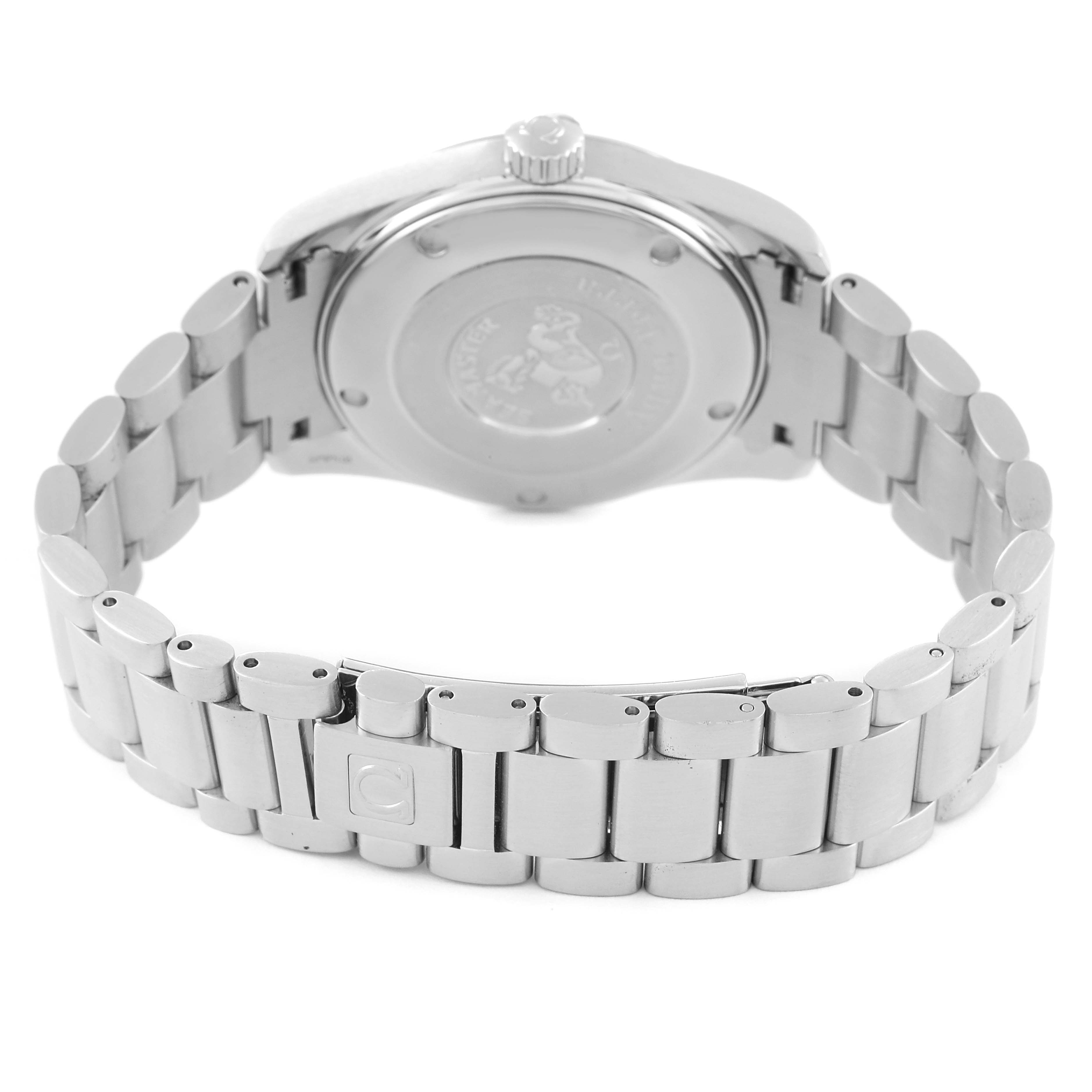 The image shows the backside and stainless steel bracelet of the Omega Aqua Terra 2518.50.00 Men's Stainless Steel Black Dial 2518.50.00 Men's Stainless Steel Black Dial watch.