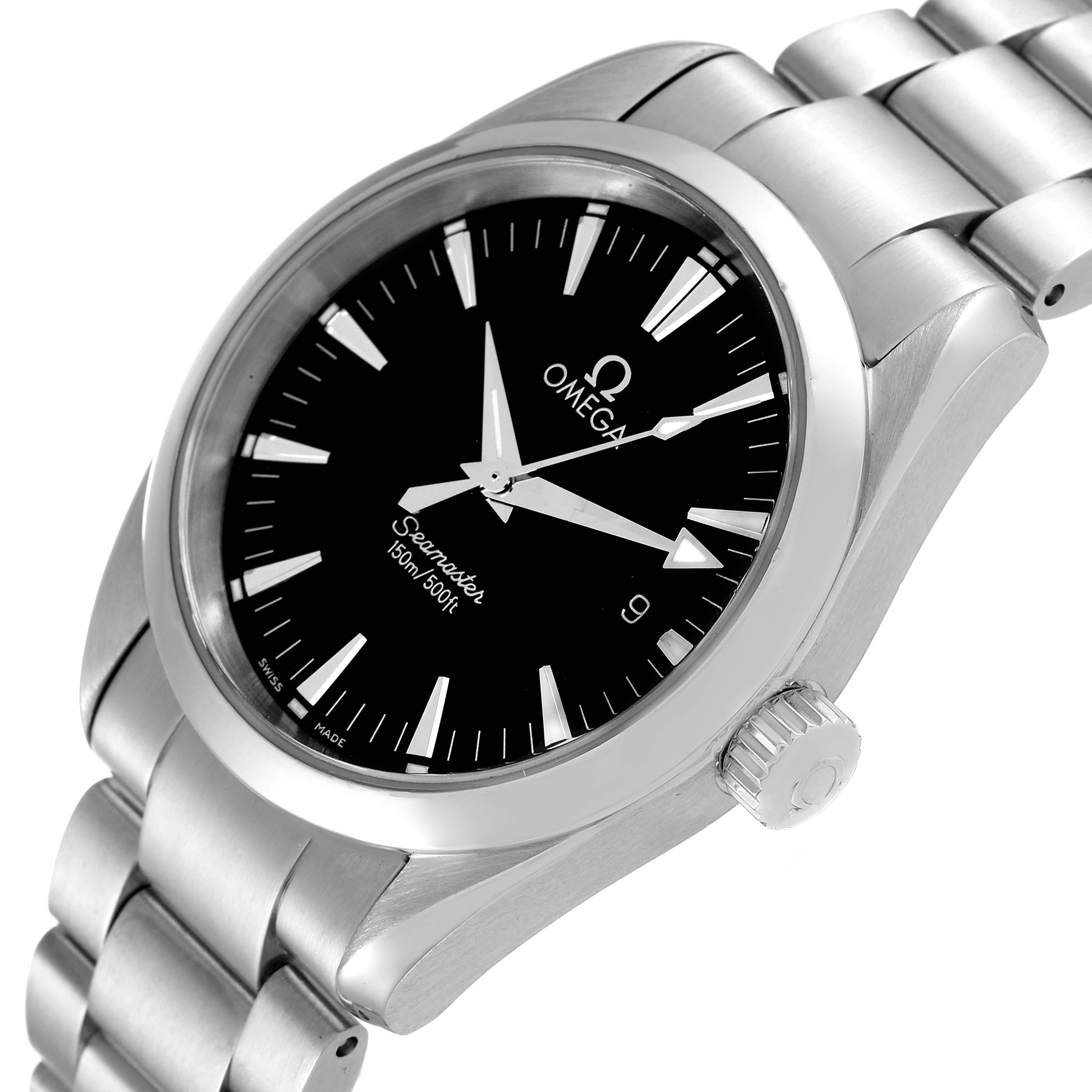 The image shows a close-up angle of the face and bracelet of the Omega Aqua Terra 2518.50.00 Men's Stainless Steel Black Dial 2518.50.00 Men's Stainless Steel Black Dial watch.