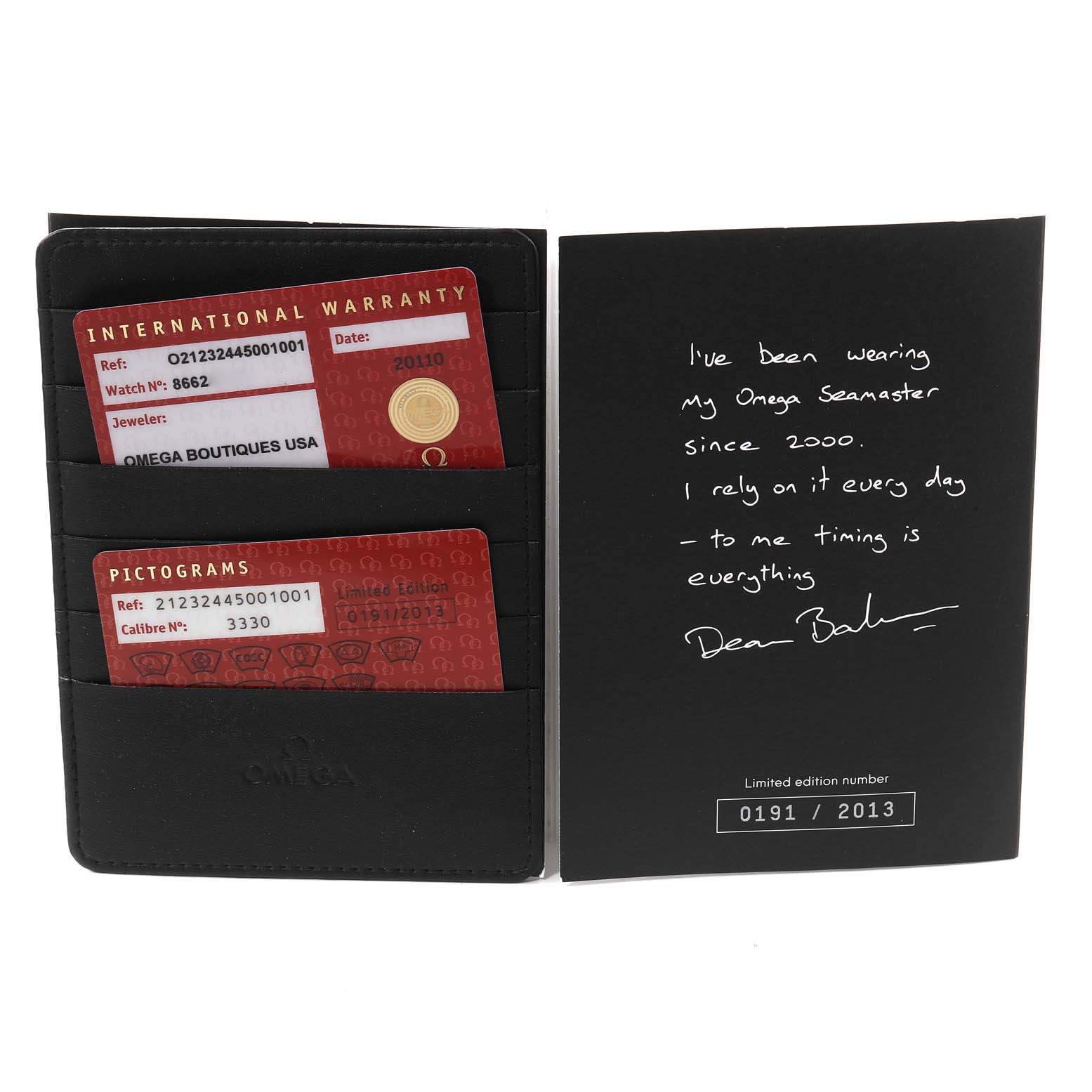 The image shows the warranty cards and booklet for the Omega Seamaster 212.32.44.50.01.001 Men's Stainless Steel Black Dial 212.32.44.50.01.001 Men's Stainless Steel Black Dial watch, with the cards held in a black cardholder.