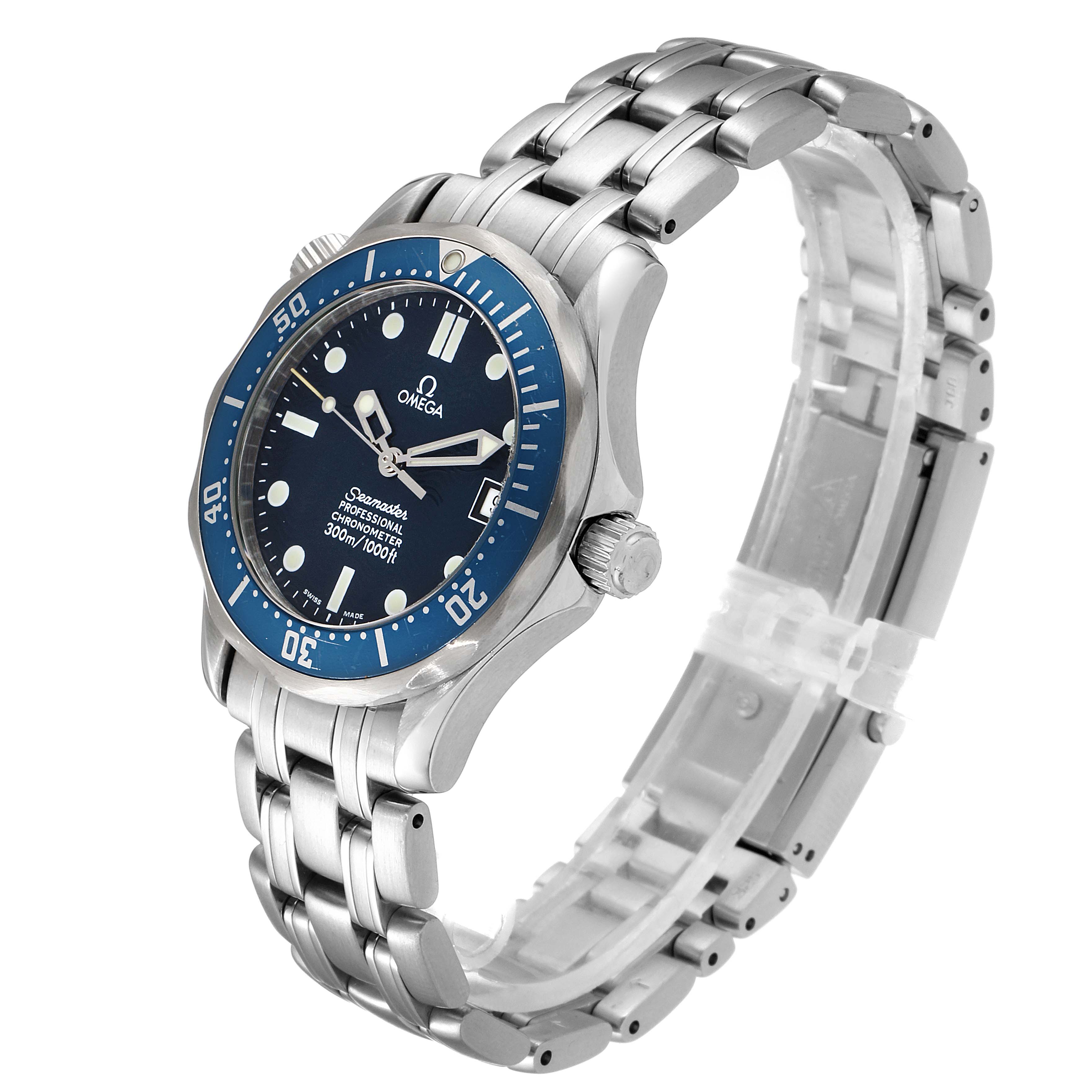 The image shows a side angle view of an Omega Seamaster 2551.80.00 Men
s Stainless Steel Blue Dial 2551.80.00 Men
s Stainless Steel Blue Dial watch, highlighting the bezel, crown, and stainless steel bracelet.
