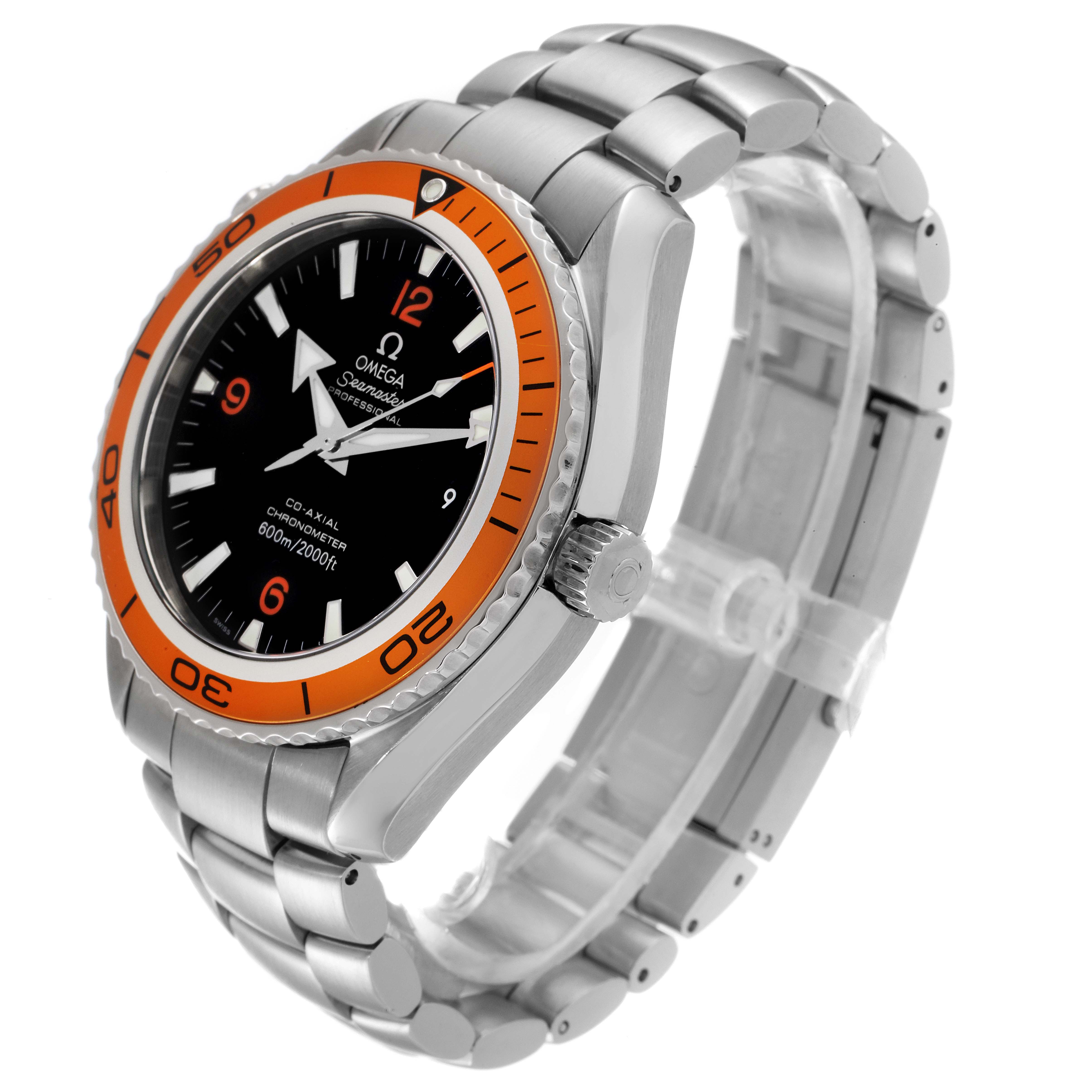 The Omega Planet Ocean 2208.50.00 Men
s Stainless Steel Black Dial 2208.50.00 Men
s Stainless Steel Black Dial watch is shown in an angled view displaying the face, bezel, crown, and bracelet.