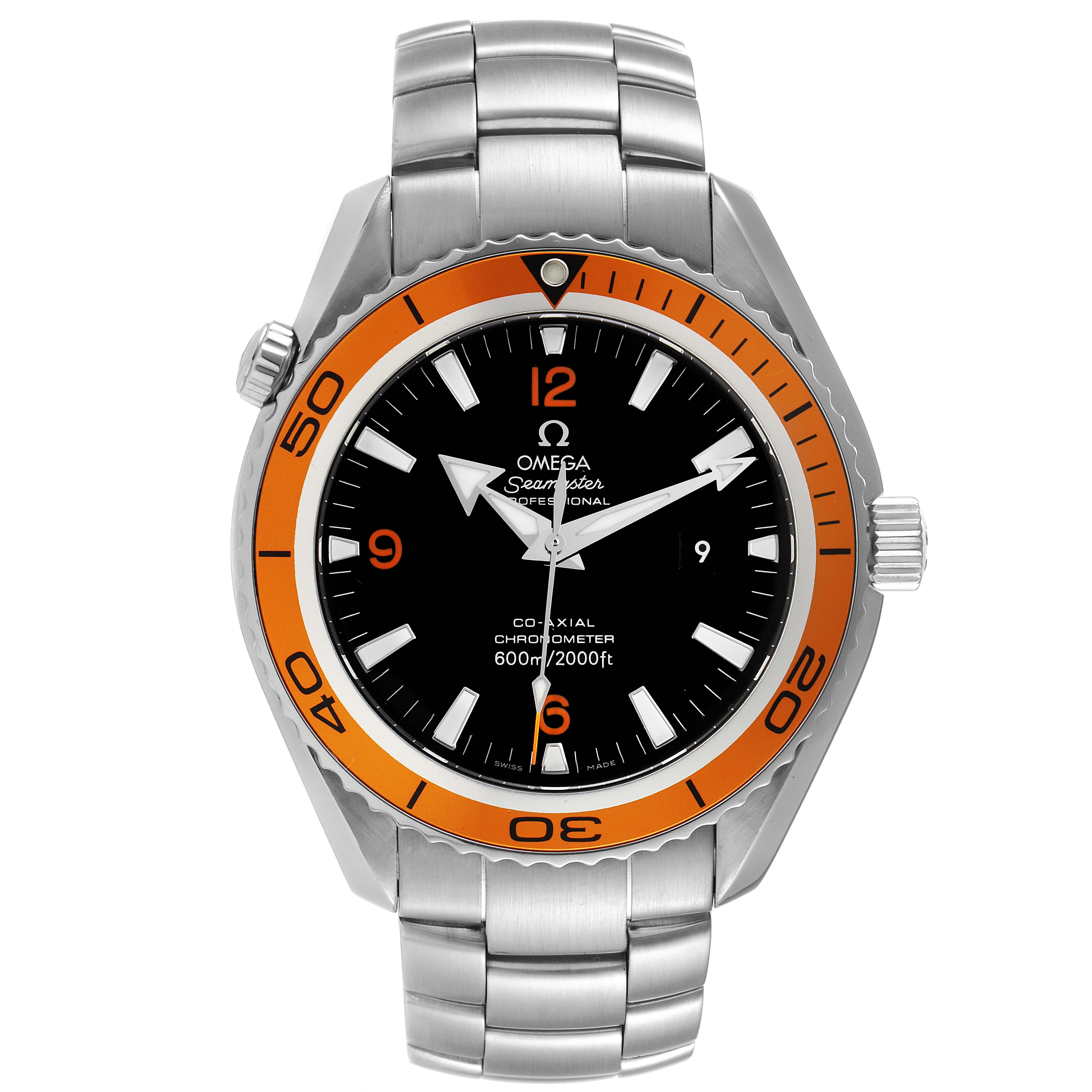 This Omega Planet Ocean 2208.50.00 Men
s Stainless Steel Black Dial 2208.50.00 Men
s Stainless Steel Black Dial watch is shown from a front angle, highlighting its black dial, orange bezel, and metal bracelet.