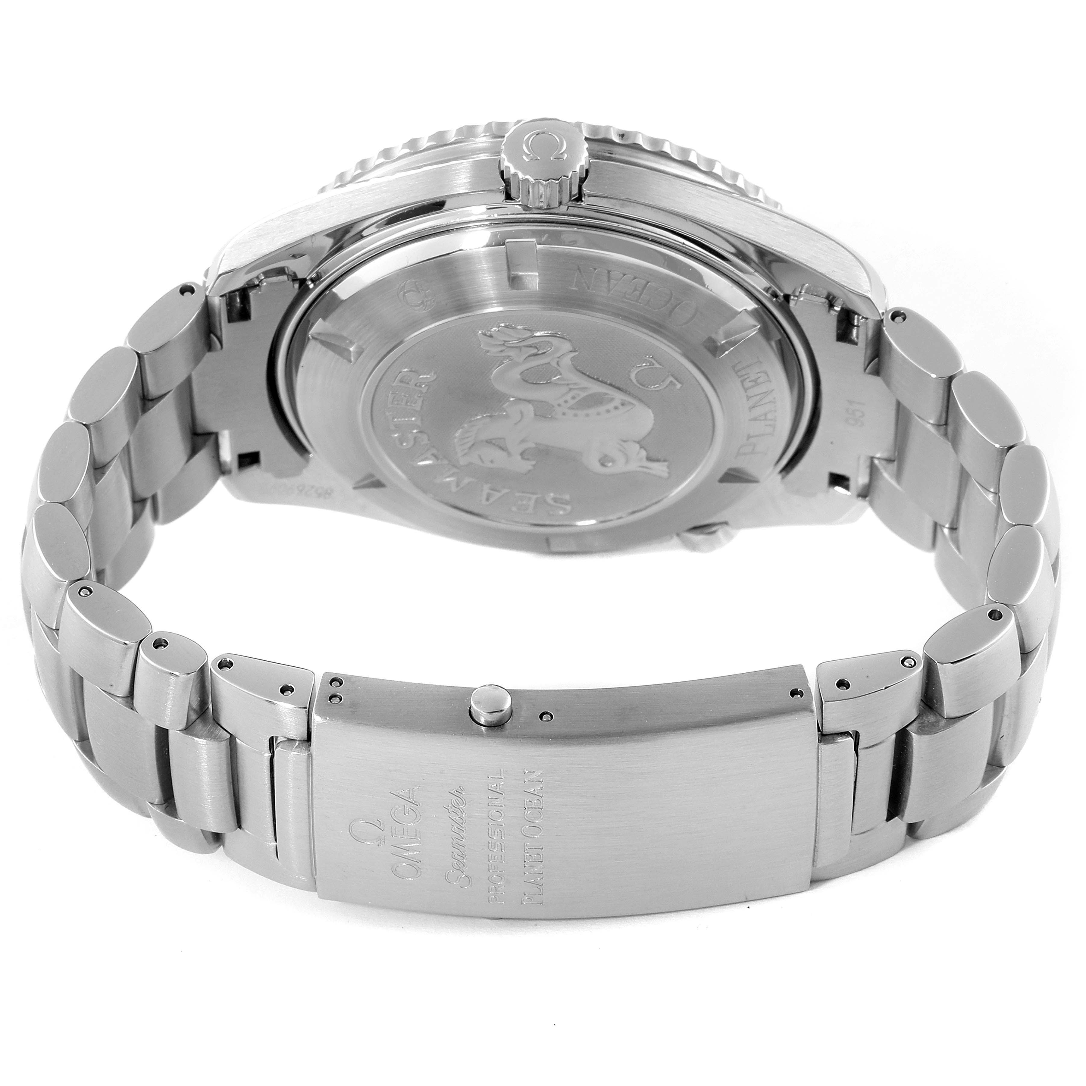 The image shows the back casing and metal bracelet clasp of the Omega Planet Ocean 2208.50.00 Men
s Stainless Steel Black Dial 2208.50.00 Men
s Stainless Steel Black Dial watch from a rear angle.