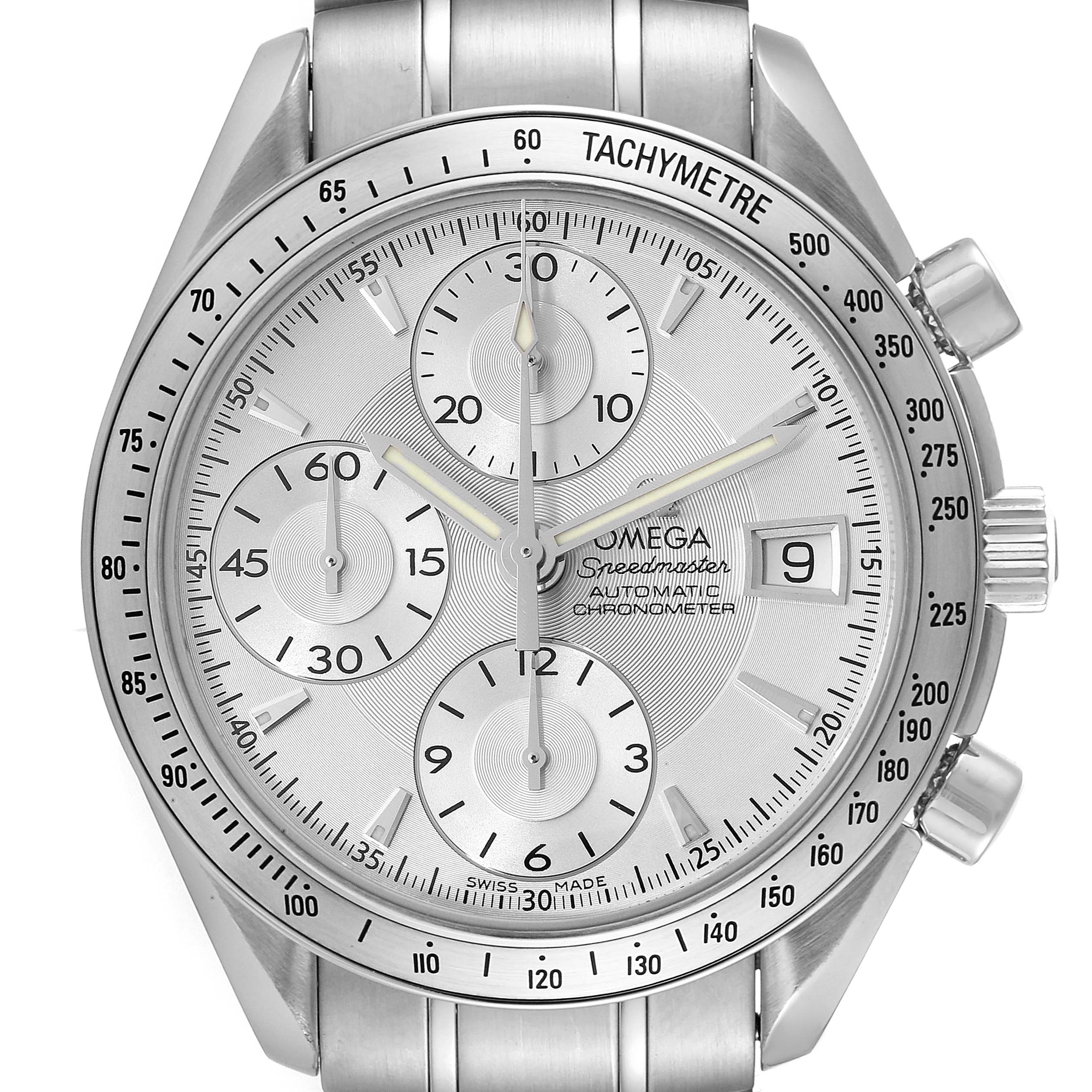 The image shows a frontal view of the Omega Speedmaster 3513.30.00 Men's Stainless Steel Silver Dial 3513.30.00 Men's Stainless Steel Silver Dial watch, highlighting the dial, subdials, tachymeter bezel, and crown.