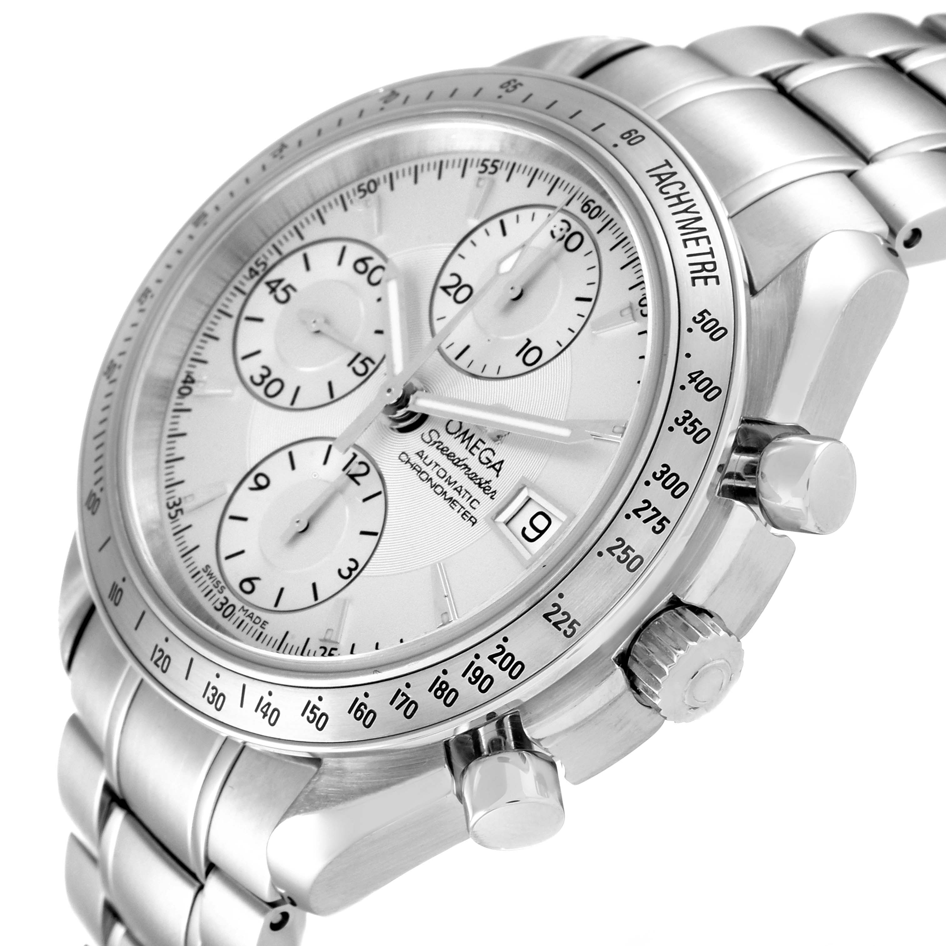 The image shows an oblique close-up view of the Omega Speedmaster 3513.30.00 Men's Stainless Steel Silver Dial 3513.30.00 Men's Stainless Steel Silver Dial watch, highlighting its dial, crown, subdials, and bracelet.
