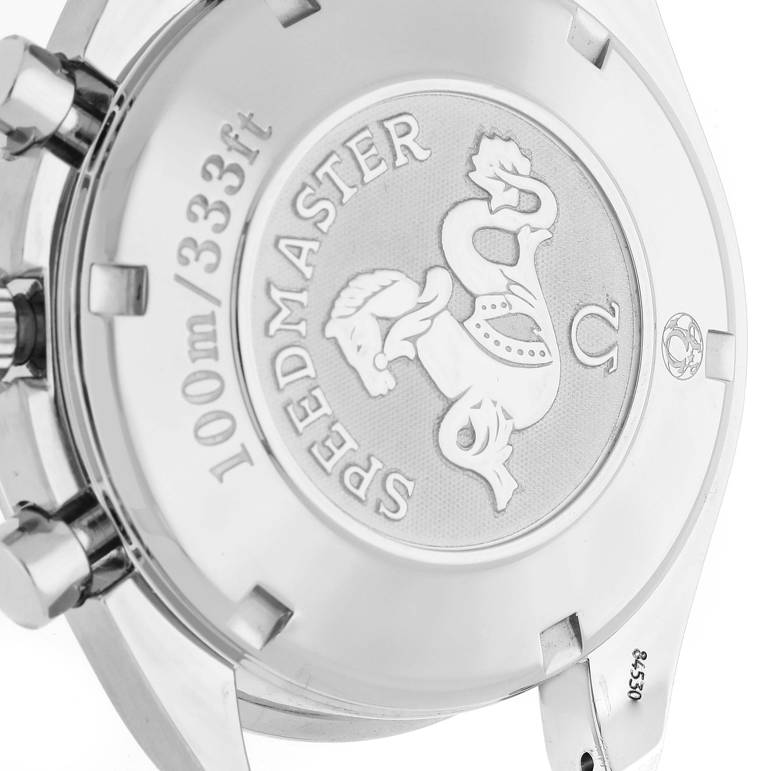 The image shows the back case of an Omega Speedmaster 3513.30.00 Men's Stainless Steel Silver Dial 3513.30.00 Men's Stainless Steel Silver Dial watch, highlighting the engraved logo and words "100m/333ft" and "SPEEDMASTER."
