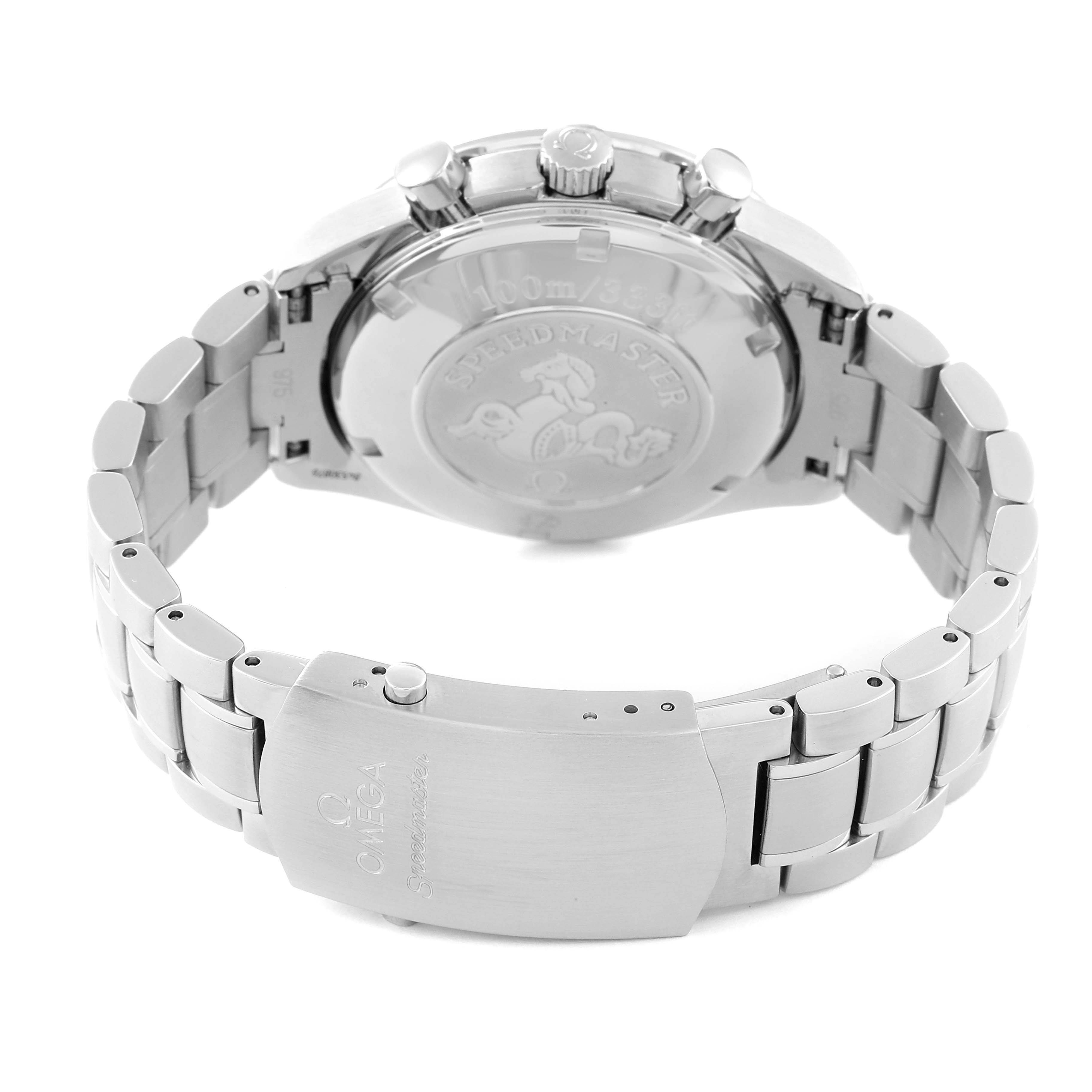 The image shows the back view of the Omega Speedmaster 3513.30.00 Men's Stainless Steel Silver Dial 3513.30.00 Men's Stainless Steel Silver Dial watch, highlighting its case back, bracelet, and clasp with the Omega logo.