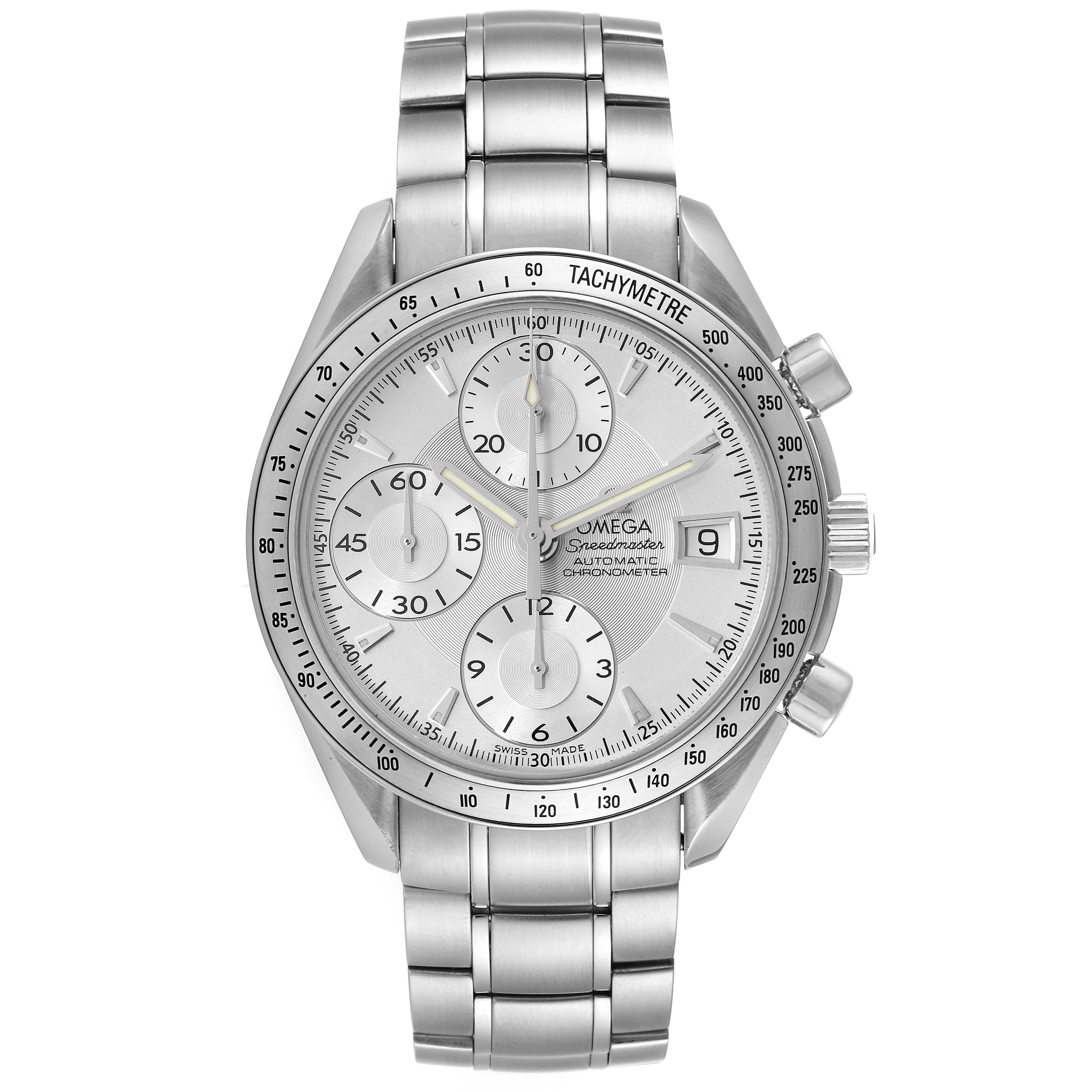 The image shows a front view of the Omega Speedmaster 3513.30.00 Men's Stainless Steel Silver Dial 3513.30.00 Men's Stainless Steel Silver Dial watch, highlighting the dial, subdials, bezel, and bracelet.