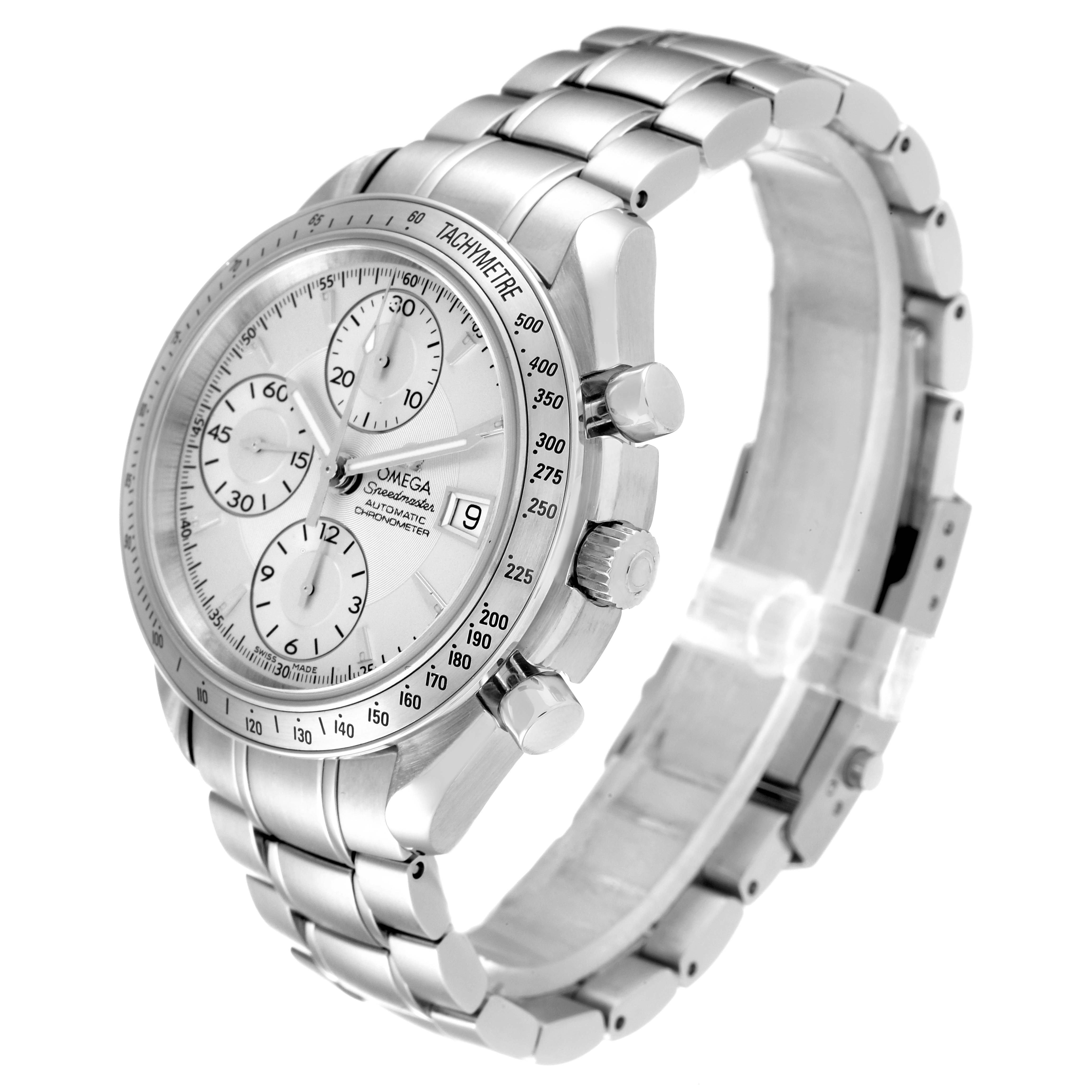 The Omega Speedmaster 3513.30.00 Men's Stainless Steel Silver Dial 3513.30.00 Men's Stainless Steel Silver Dial watch is shown at a three-quarter angle, displaying its dial, bezel, crown, pushers, and bracelet.