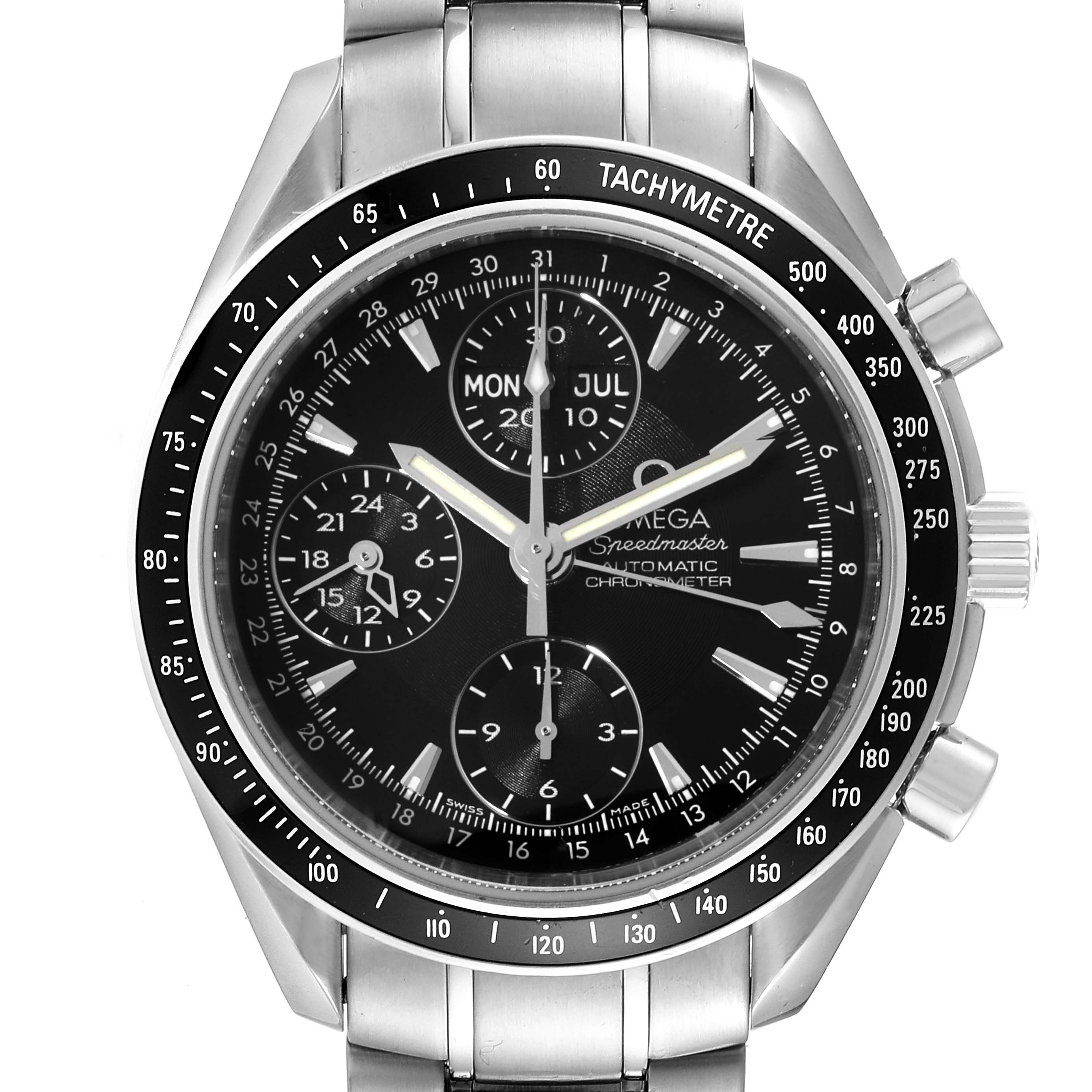 The Omega Speedmaster 3220.50.00 Men
s Stainless Steel Black Dial 3220.50.00 Men
s Stainless Steel Black Dial watch is shown from a front angle, displaying the dial, tachymeter bezel, and part of the bracelet.