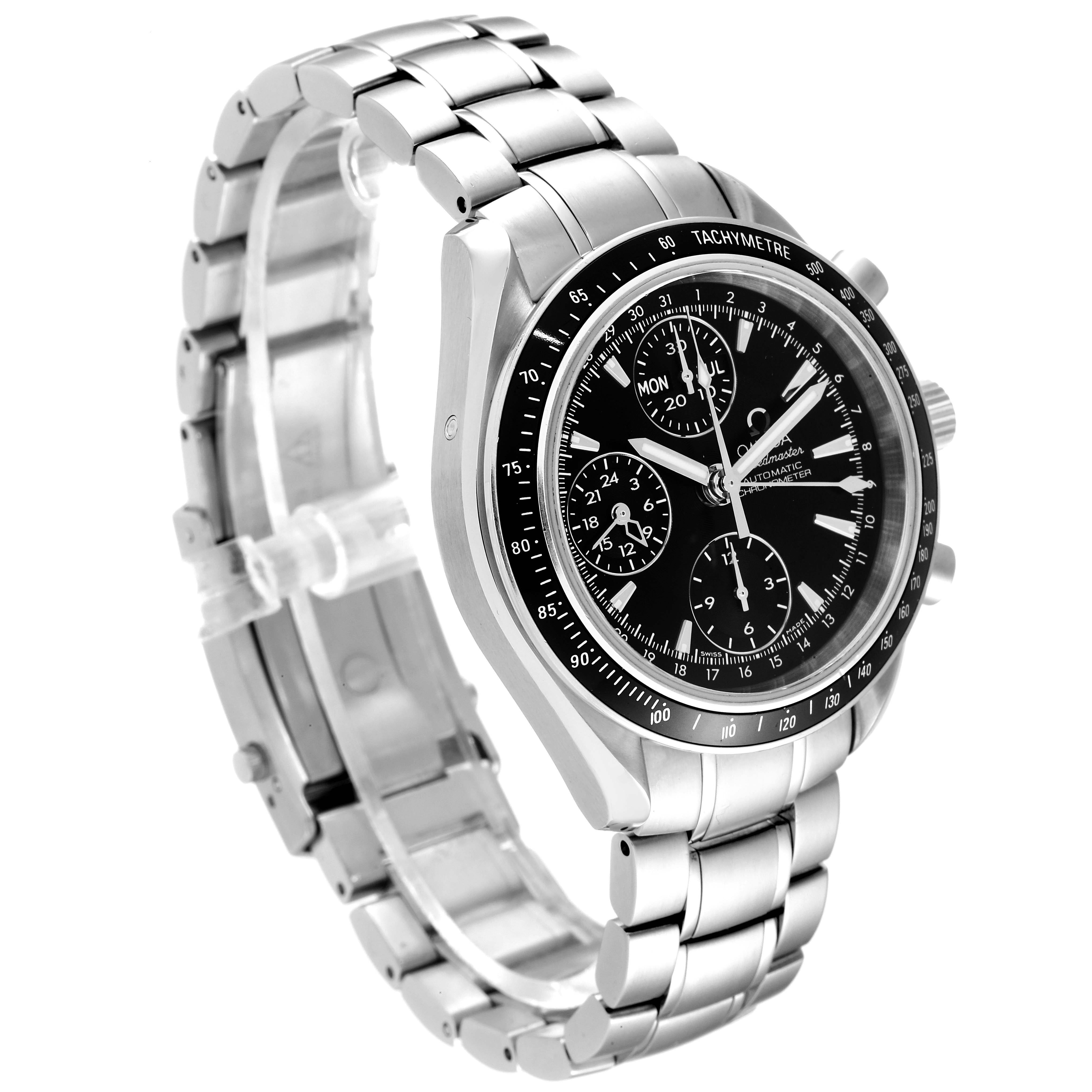 The image shows an Omega Speedmaster 3220.50.00 Men
s Stainless Steel Black Dial 3220.50.00 Men
s Stainless Steel Black Dial watch angled to highlight its face, chronograph dials, steel case, and bracelet.