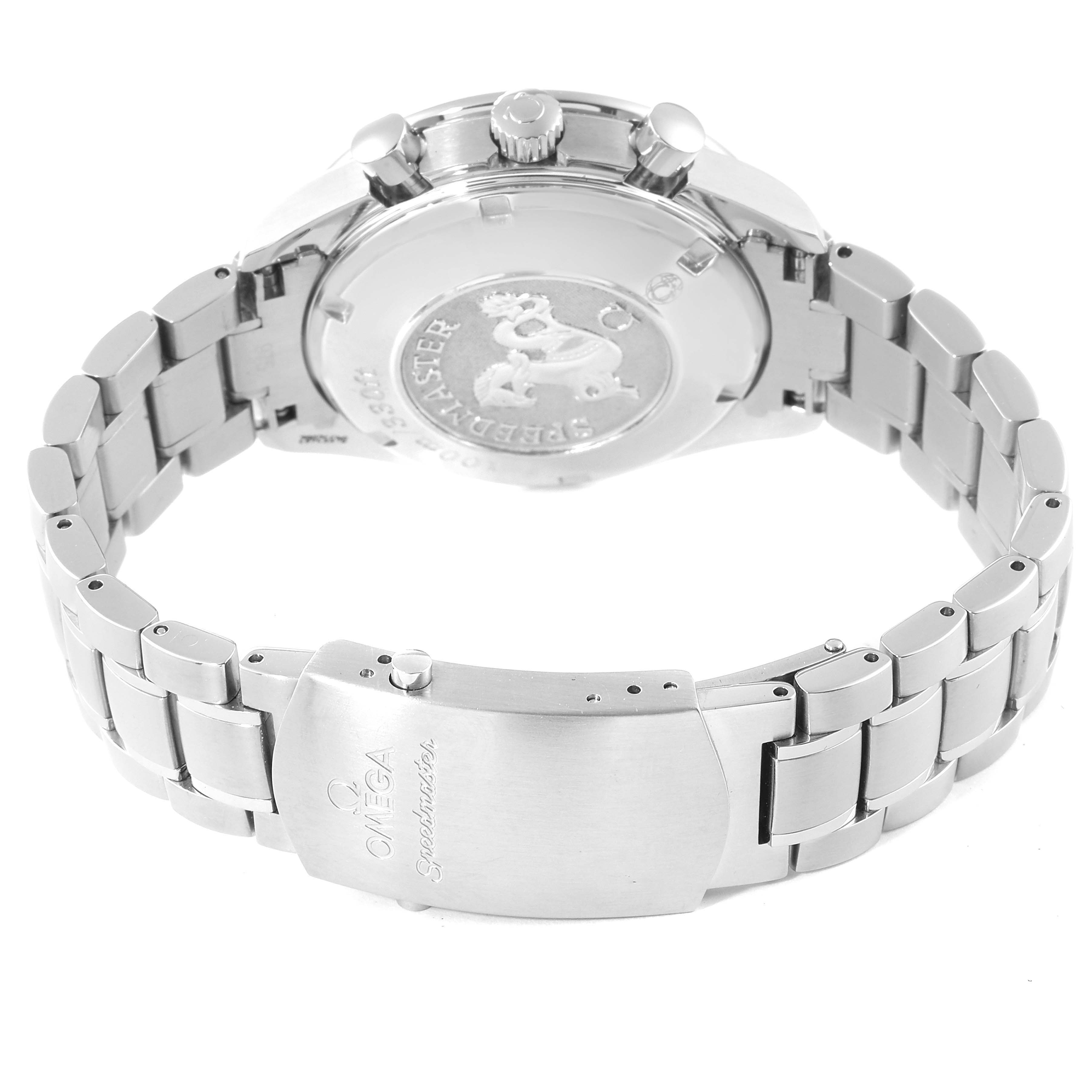 The image shows the back case and bracelet clasp of the Omega Speedmaster 3220.50.00 Men
s Stainless Steel Black Dial 3220.50.00 Men
s Stainless Steel Black Dial watch from a rear angle.