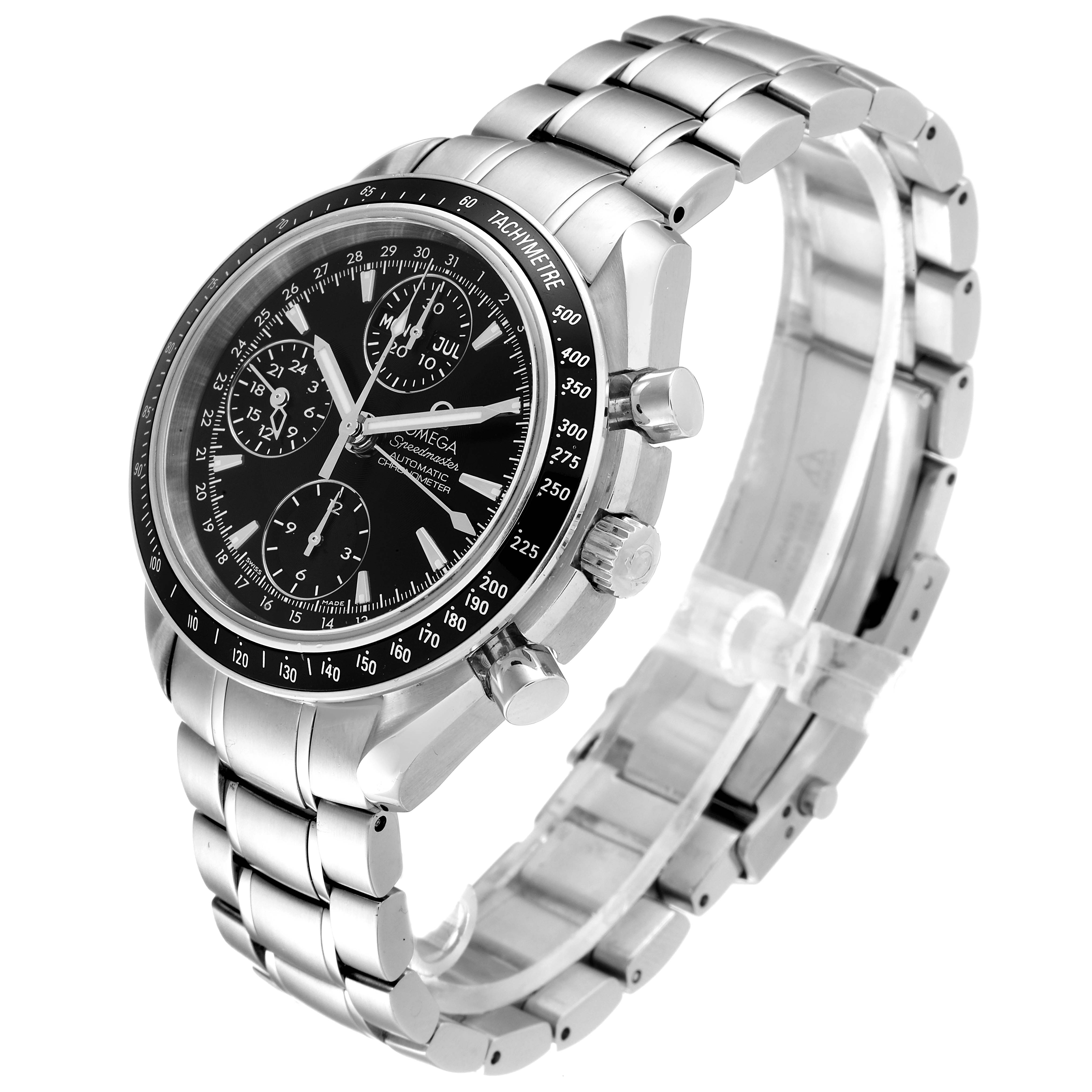The Omega Speedmaster 3220.50.00 Men
s Stainless Steel Black Dial 3220.50.00 Men
s Stainless Steel Black Dial watch is shown at a three-quarter angle, displaying its face, chronograph, bezel, and stainless steel bracelet.
