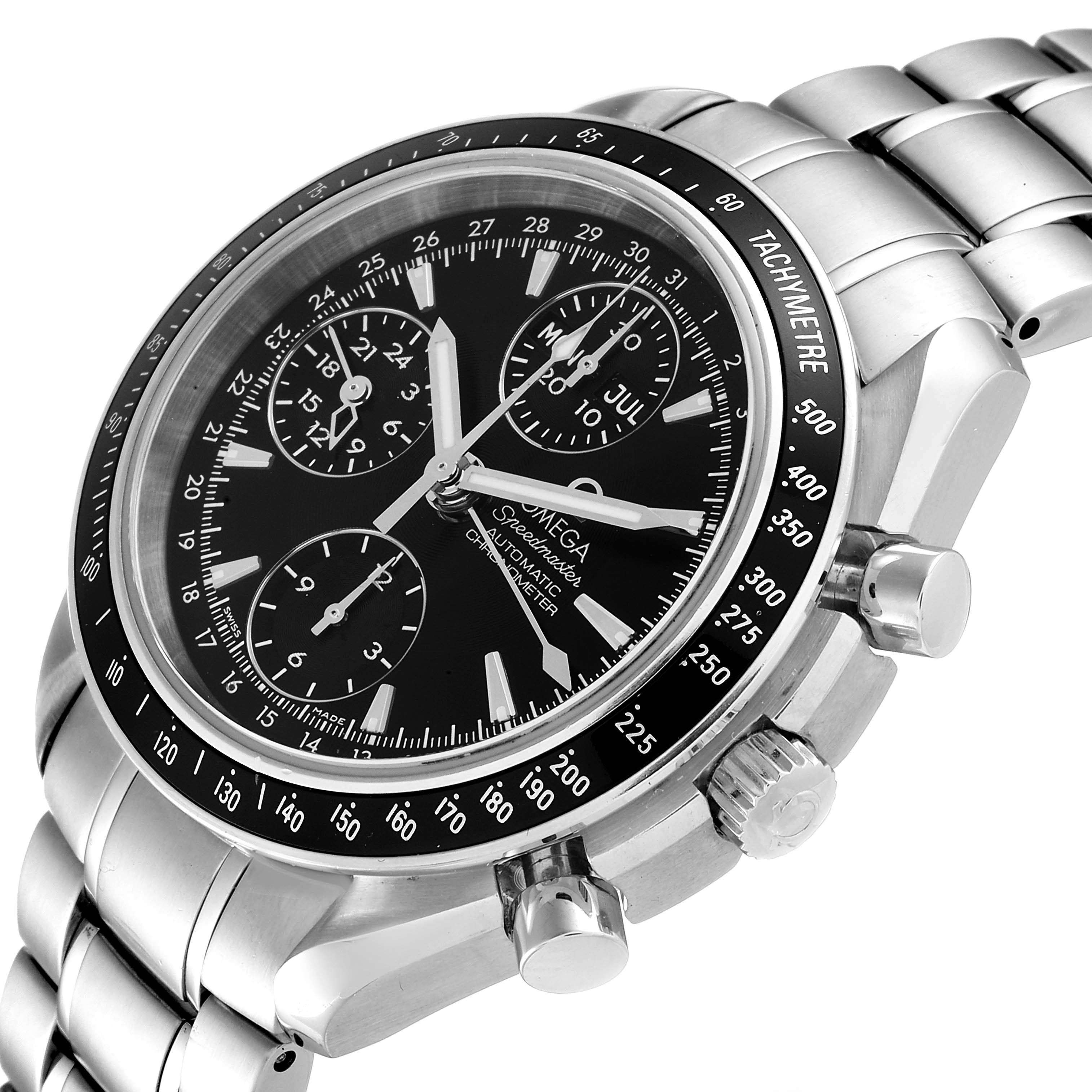 The image shows an Omega Speedmaster 3220.50.00 Men
s Stainless Steel Black Dial 3220.50.00 Men
s Stainless Steel Black Dial watch at an angled view, highlighting the dial, subdials, bezel, and side pushers.