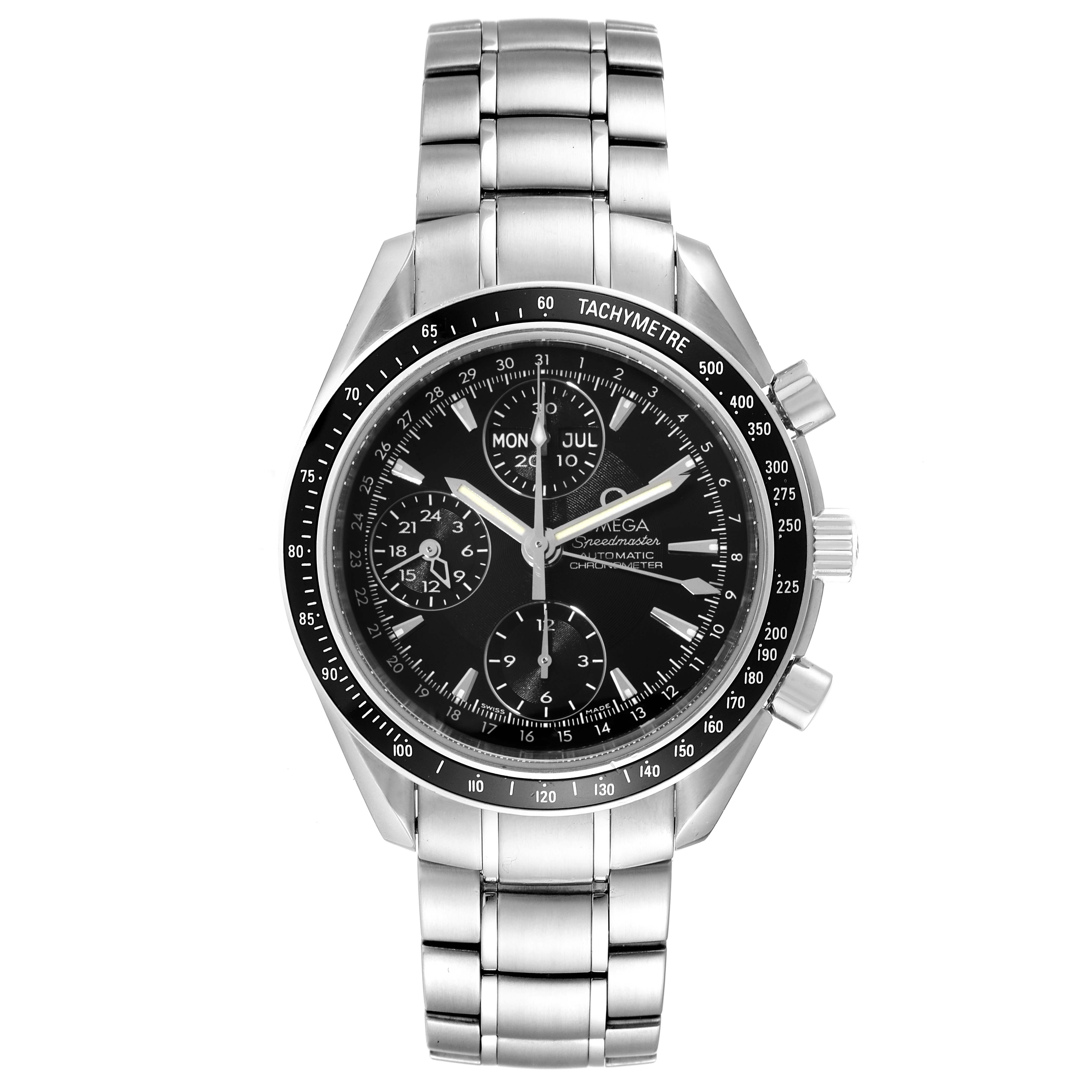 The image shows a frontal view of the Omega Speedmaster 3220.50.00 Men
s Stainless Steel Black Dial 3220.50.00 Men
s Stainless Steel Black Dial watch, highlighting its dial, bezel, and metal bracelet.