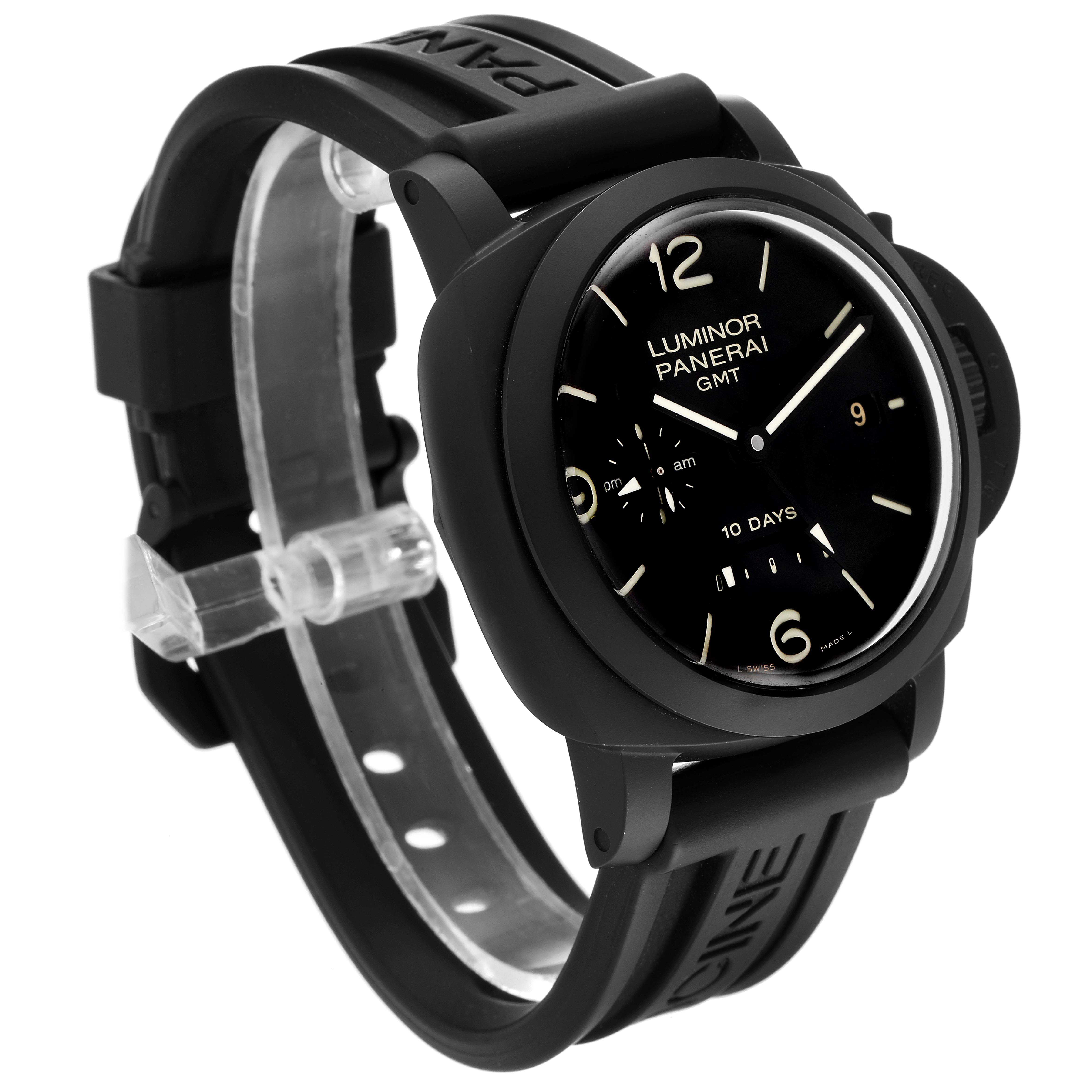 The image shows a Panerai Luminor PAM00335 Men's Ceramic Black Dial PAM00335 Men's Ceramic Black Dial watch, viewed from a front-side angle, displaying its face, strap, and crown guard.