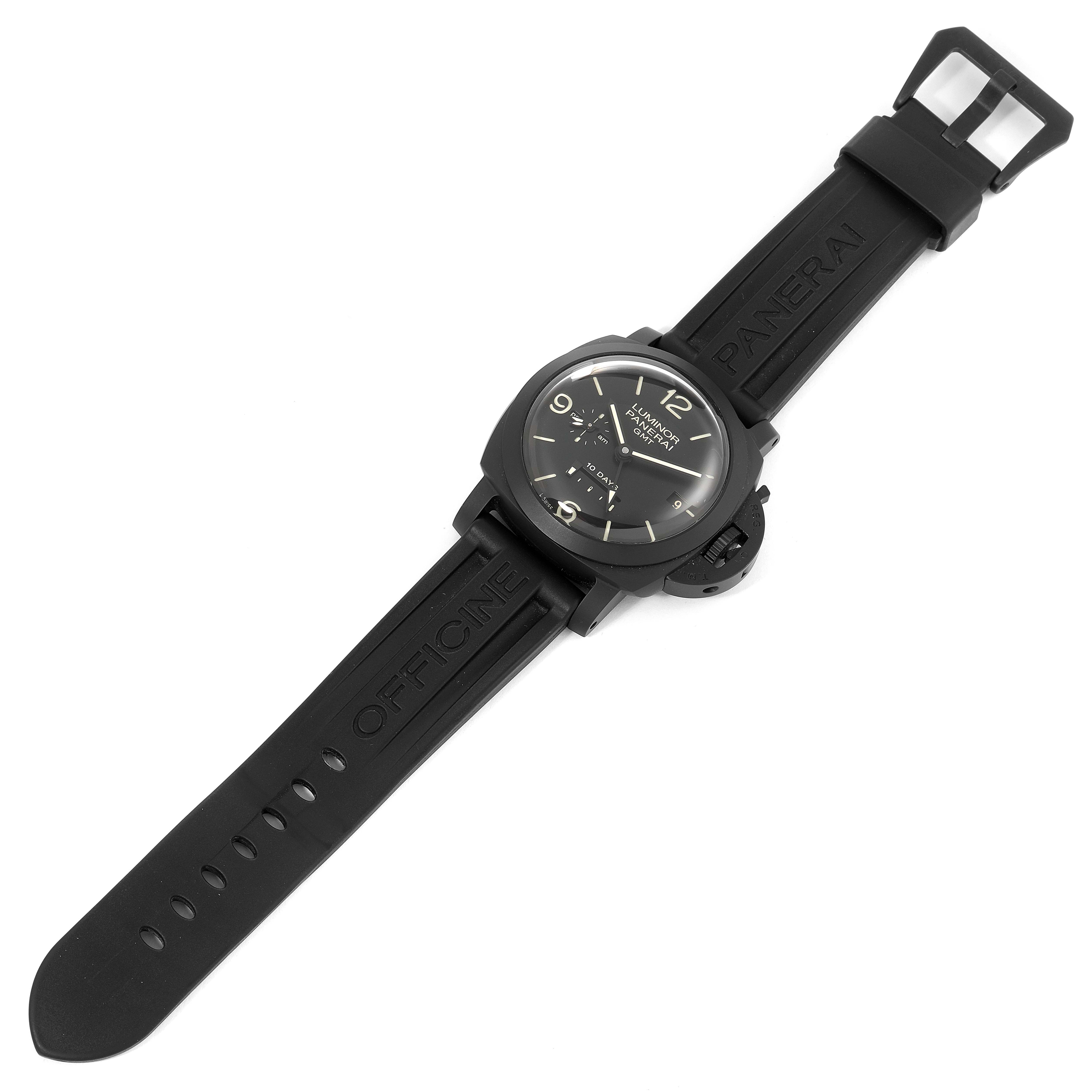 The image shows a top-down view of a Panerai Luminor PAM00335 Men's Ceramic Black Dial PAM00335 Men's Ceramic Black Dial watch, featuring its dial, case, and black rubber strap.