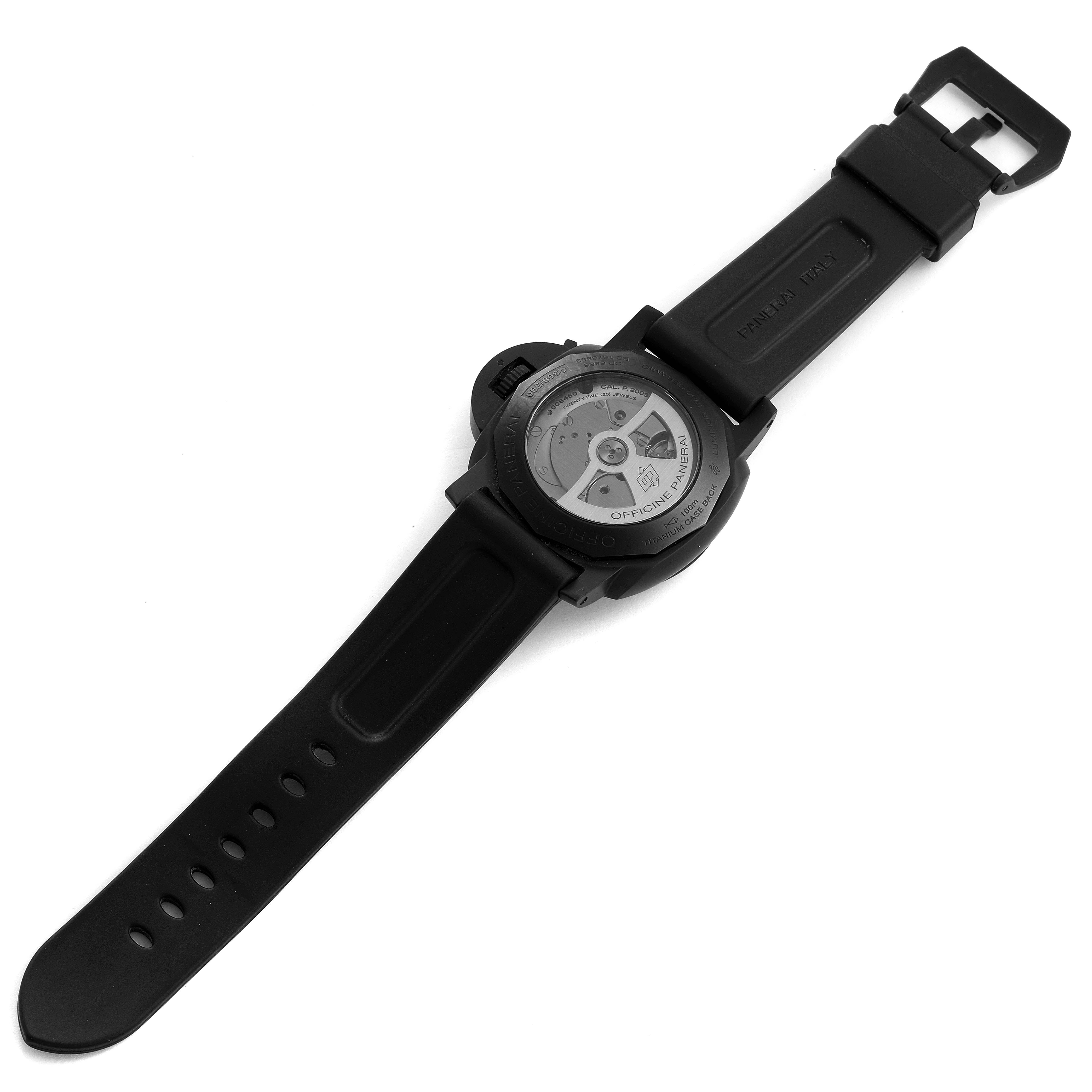 The image shows the back of a Panerai Luminor PAM00335 Men's Ceramic Black Dial PAM00335 Men's Ceramic Black Dial watch, highlighting the movement and the black rubber strap.