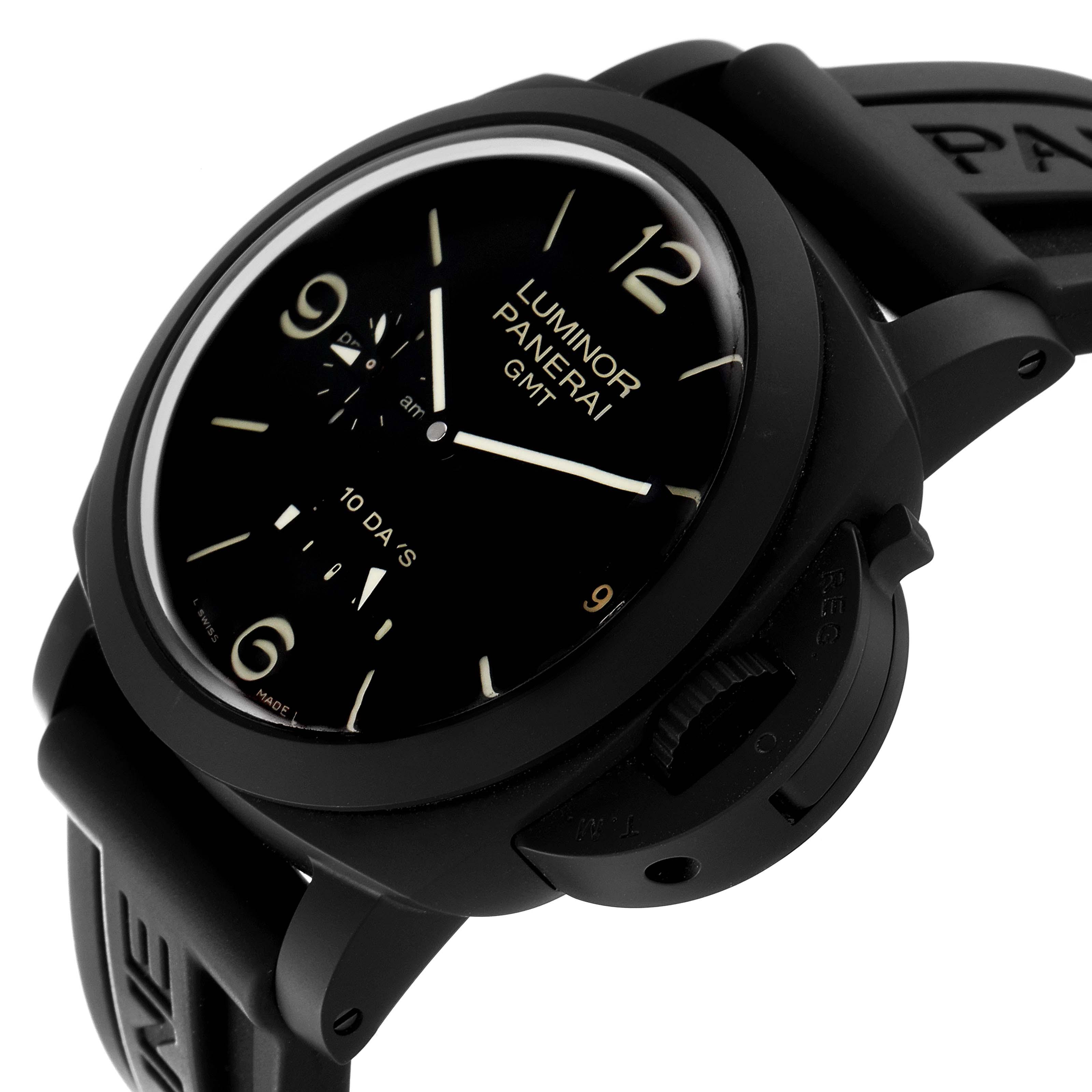 The image shows a side and front angle of the Panerai Luminor PAM00335 Men's Ceramic Black Dial PAM00335 Men's Ceramic Black Dial GMT watch, highlighting its black dial and rubber strap.