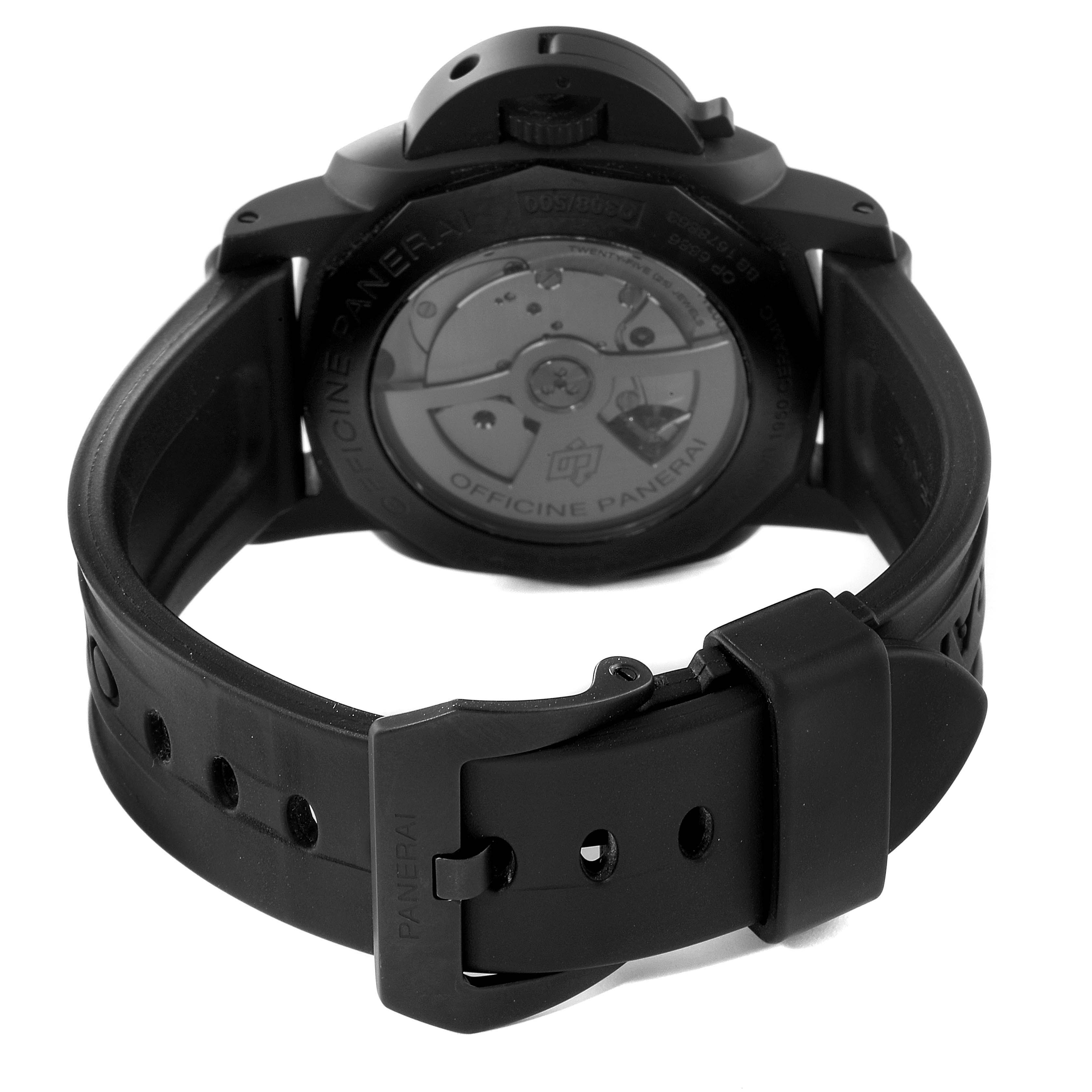 The image shows the back view of a Panerai Luminor PAM00335 Men's Ceramic Black Dial PAM00335 Men's Ceramic Black Dial watch, highlighting the movement and the black strap with the buckle.