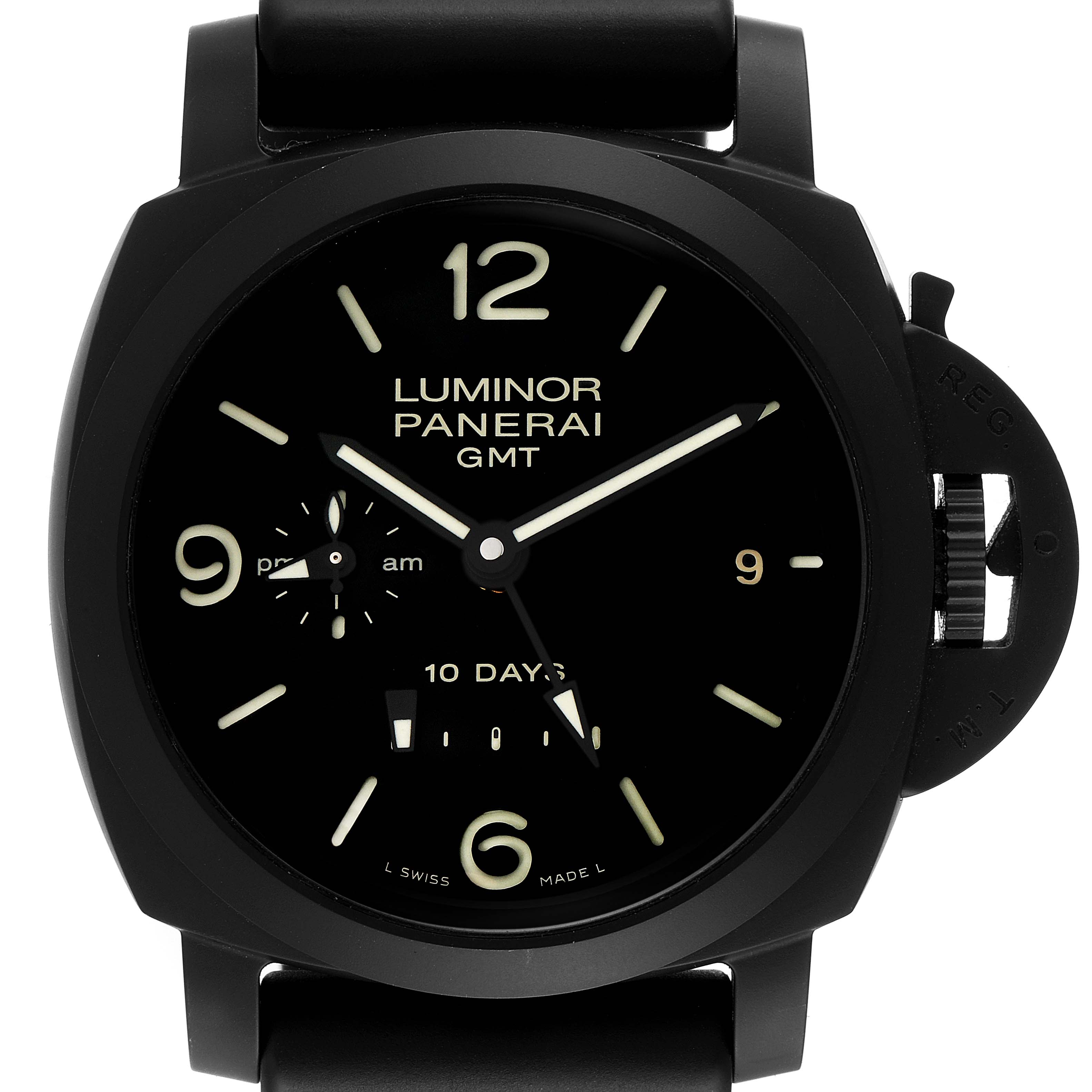 The image shows a frontal view of the Panerai Luminor PAM00335 Men's Ceramic Black Dial PAM00335 Men's Ceramic Black Dial GMT watch, including the dial, hands, and crown guard.