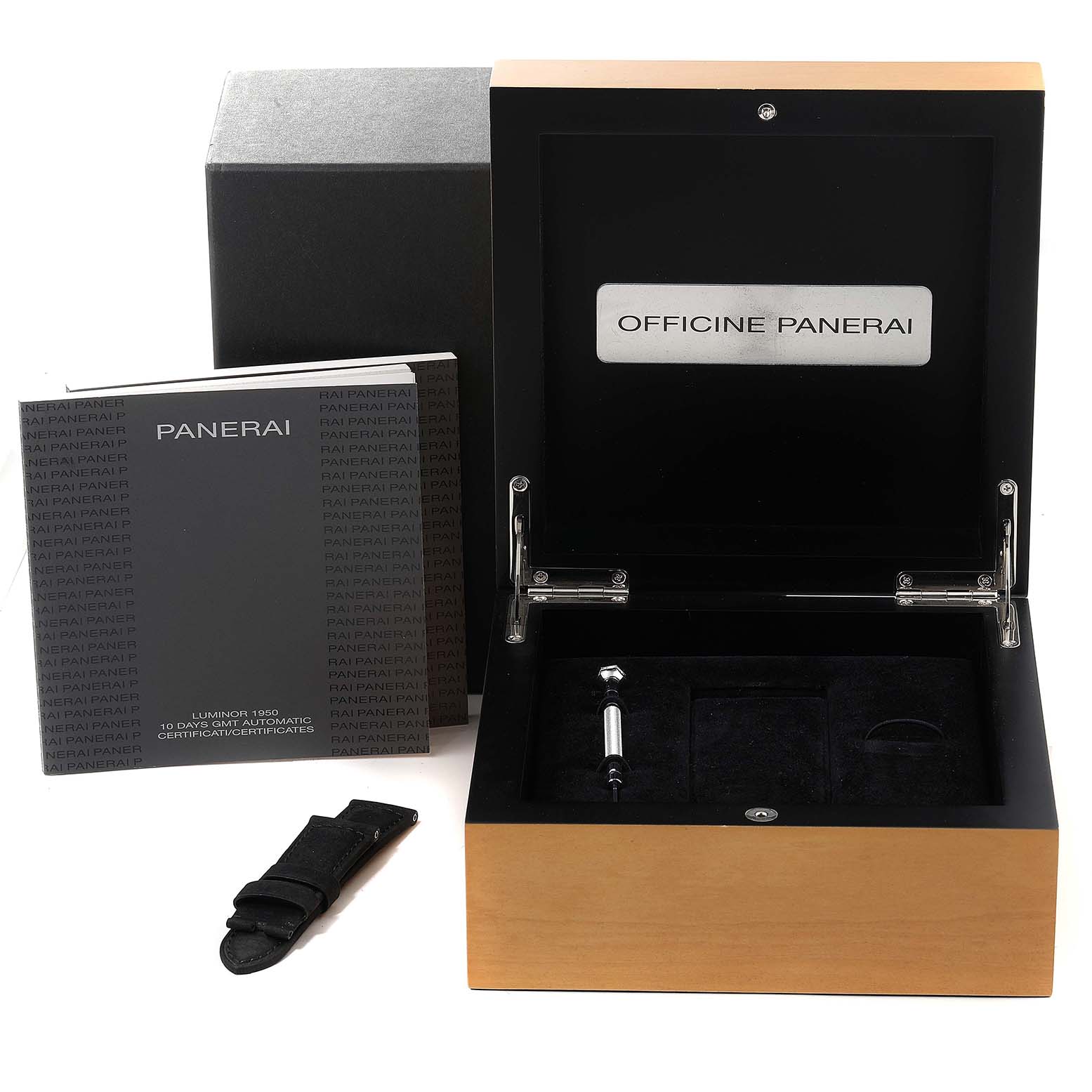 The image shows a Panerai Luminor PAM00335 Men's Ceramic Black Dial PAM00335 Men's Ceramic Black Dial watch's packaging, including the watch box, extra strap, and manuals from a front angle.