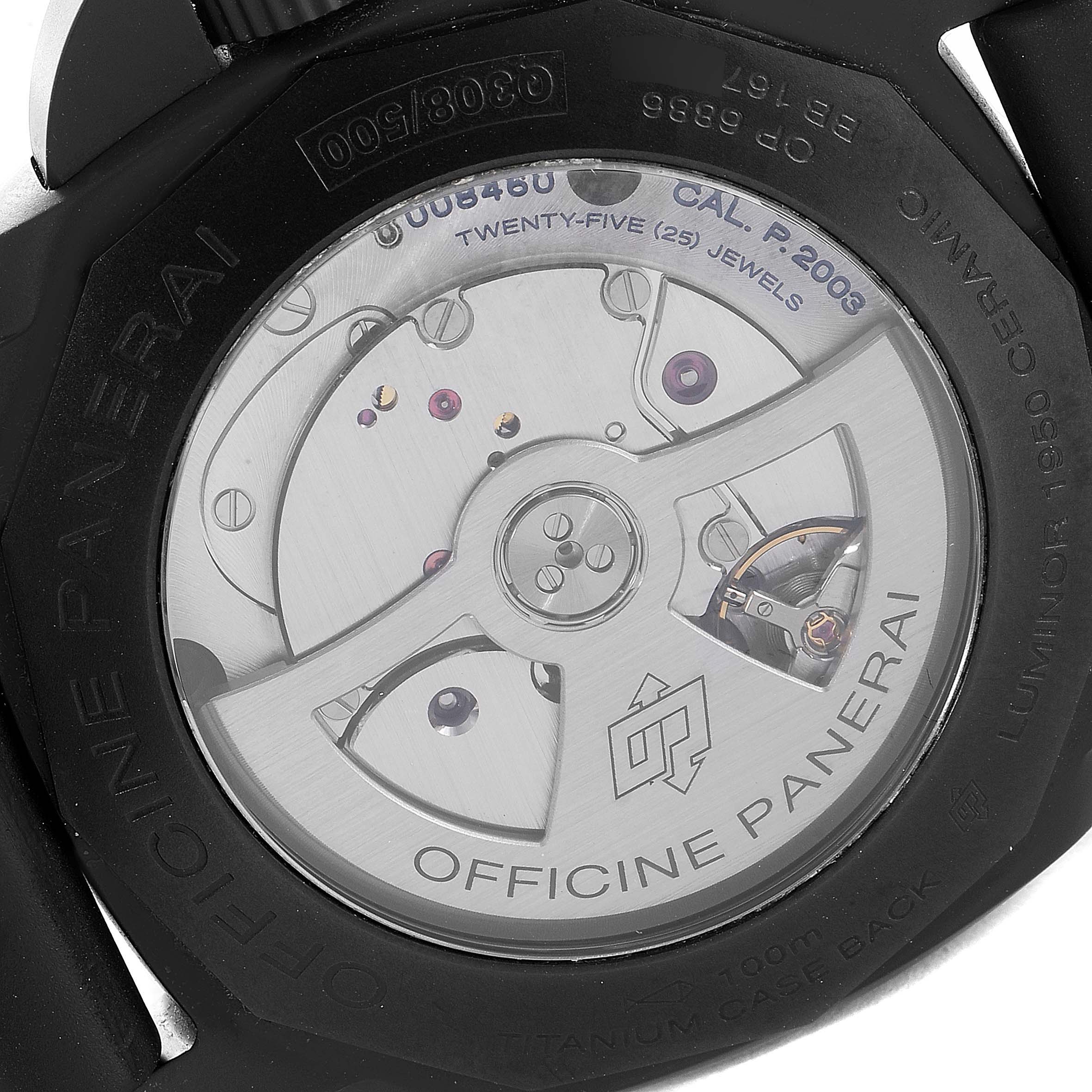 This image shows the back of a Panerai Luminor PAM00335 Men's Ceramic Black Dial PAM00335 Men's Ceramic Black Dial model, displaying its movement and inscribed details.