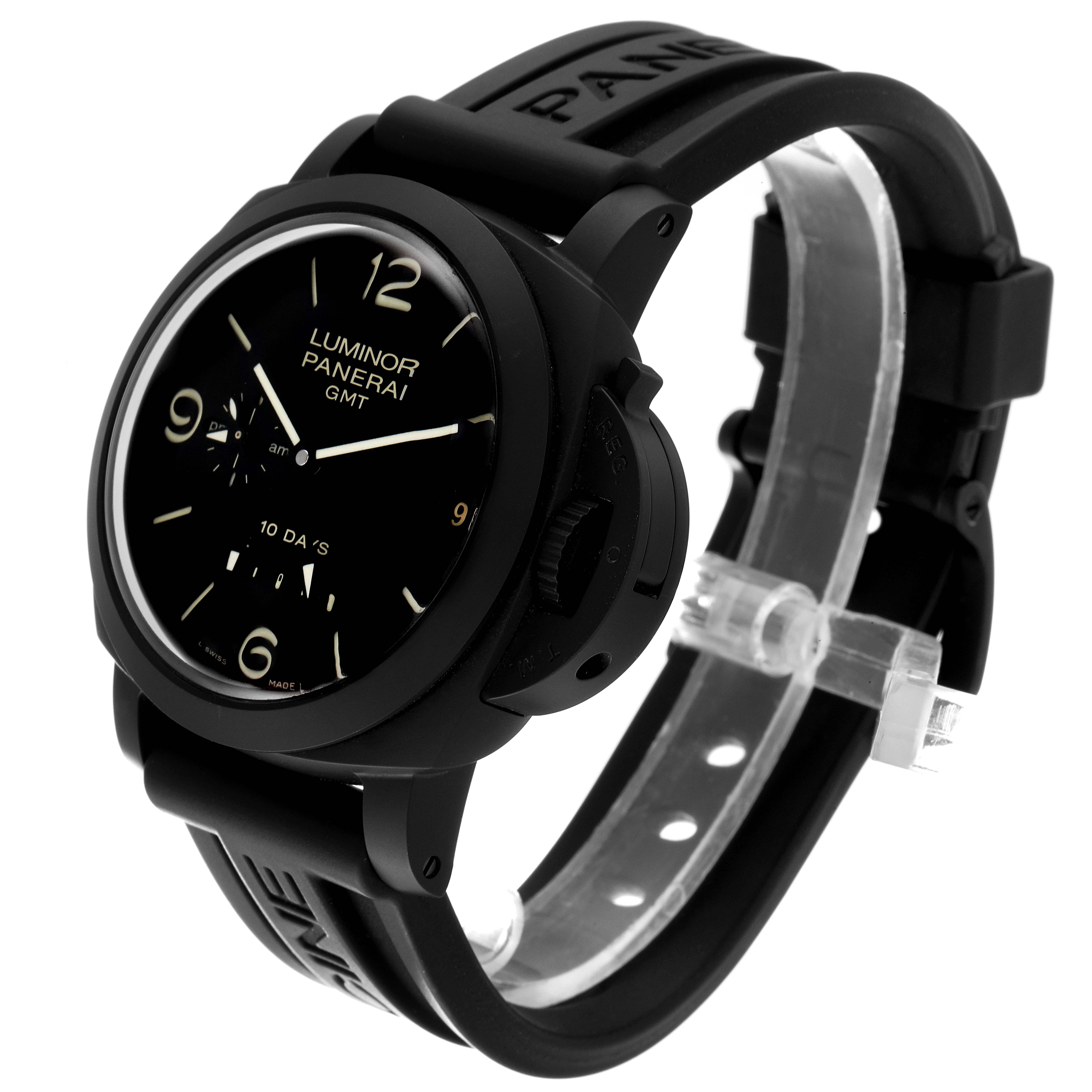 This image shows a Panerai Luminor PAM00335 Men's Ceramic Black Dial PAM00335 Men's Ceramic Black Dial watch at an angle emphasizing its face, case, and black rubber strap.