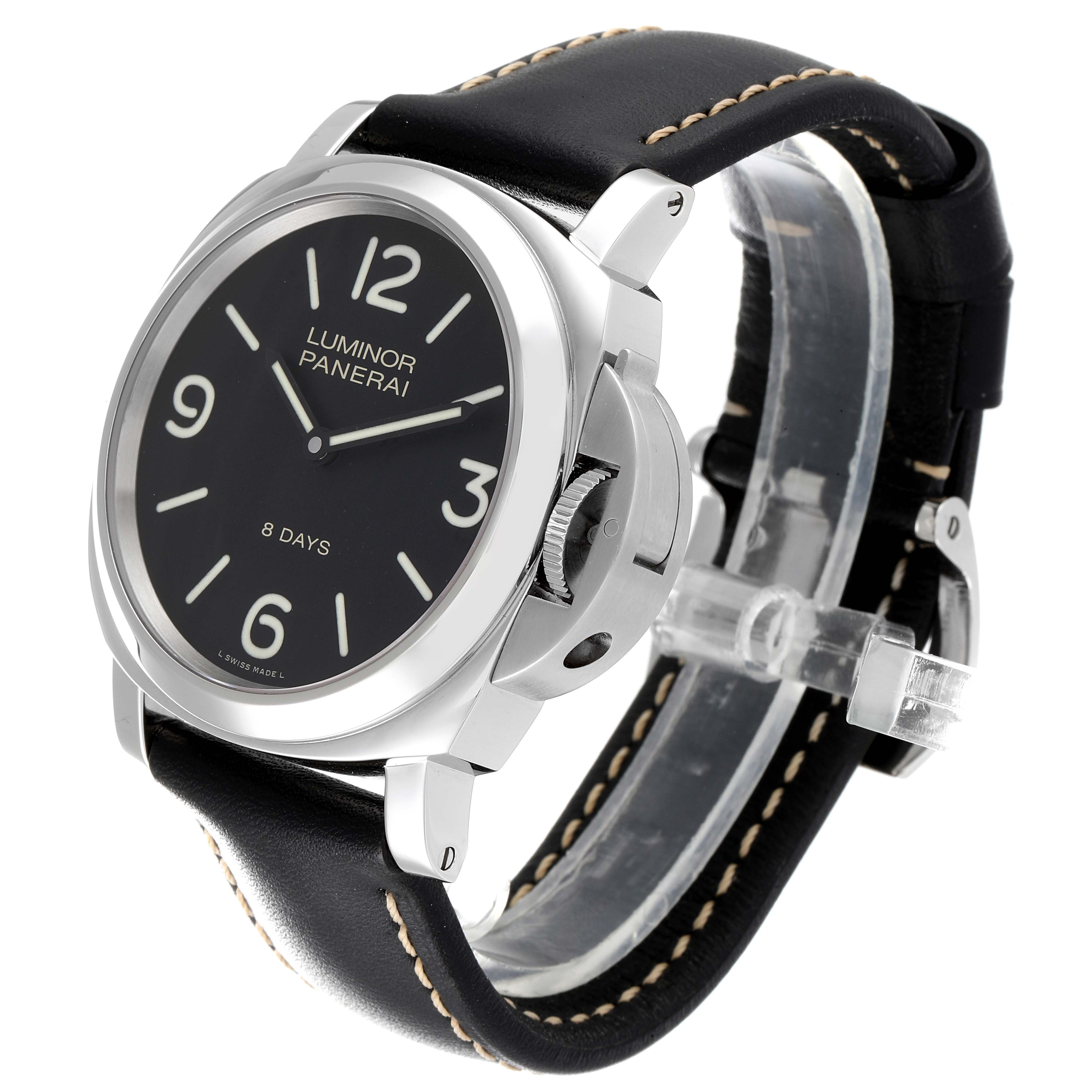 The image shows a side and angled view of the Panerai Luminor PAM00560 Men
s Stainless Steel Black Dial PAM00560 Men
s Stainless Steel Black Dial watch, highlighting the face, bezel, and leather strap.