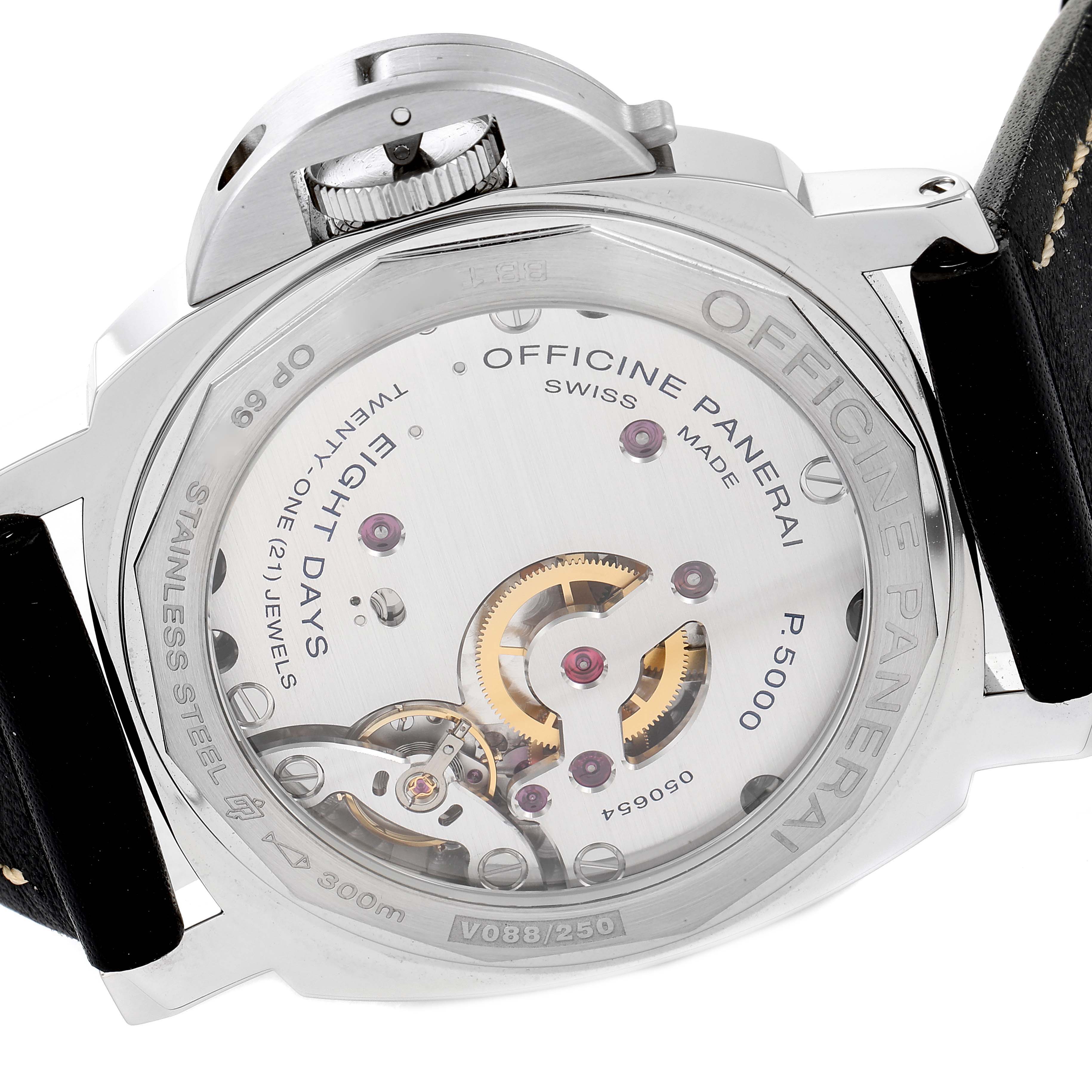 The image shows the back view of the Panerai Luminor PAM00560 Men
s Stainless Steel Black Dial PAM00560 Men
s Stainless Steel Black Dial watch, displaying its internal mechanism and inscriptions.