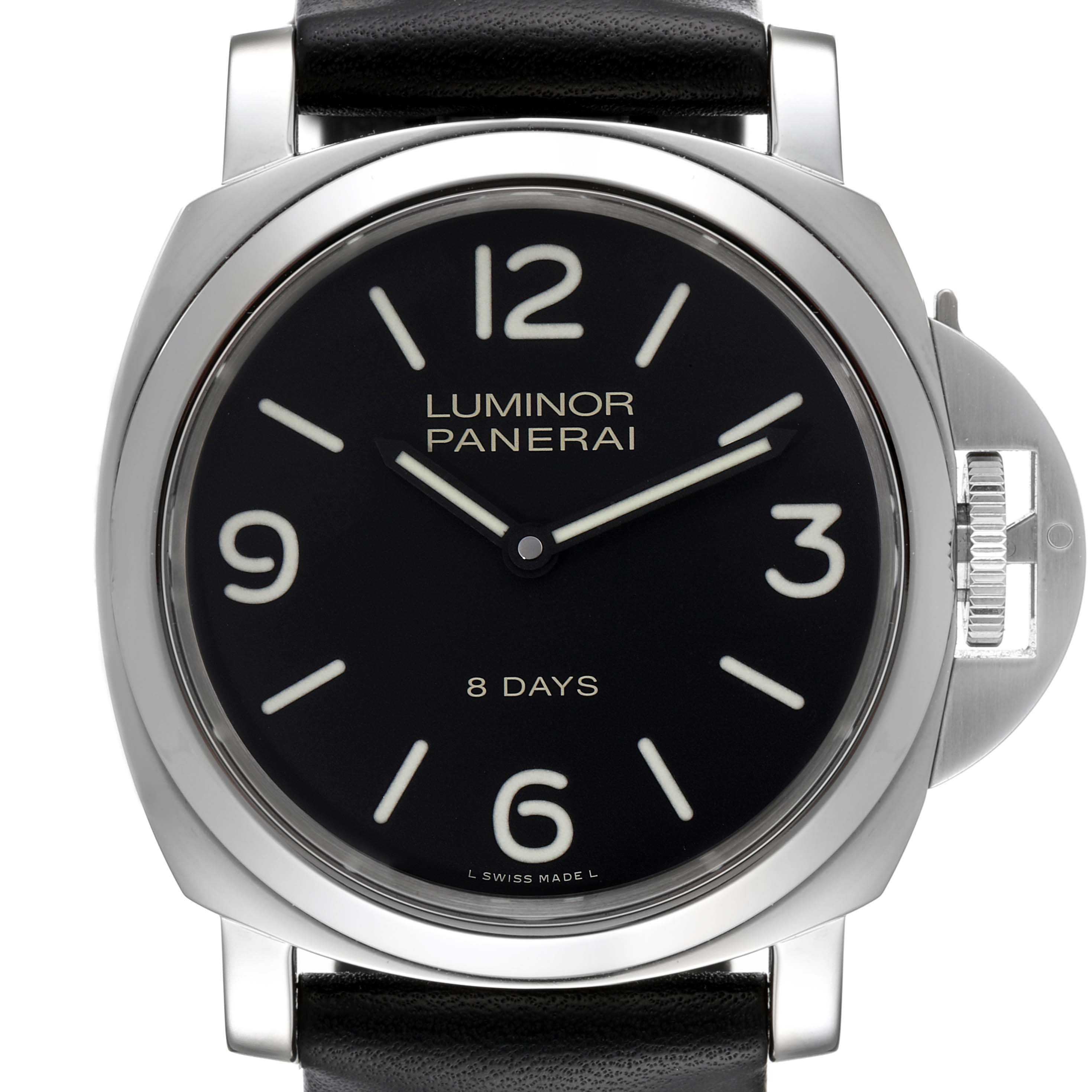 The image shows a front view of the Panerai Luminor PAM00560 Men
s Stainless Steel Black Dial PAM00560 Men
s Stainless Steel Black Dial watch, displaying the dial, case, and strap.