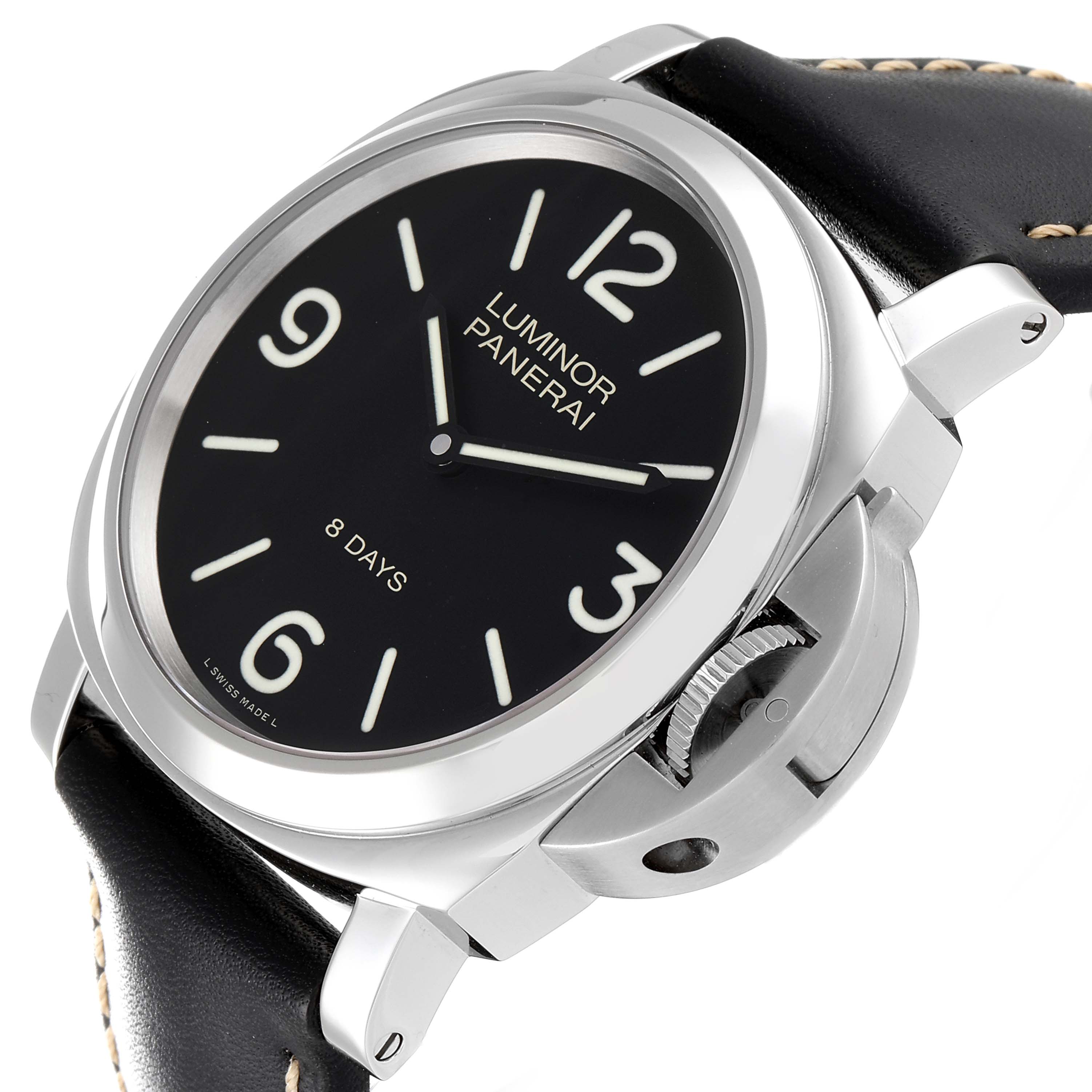 The Luminor model by Panerai is shown at a slight angle, highlighting its face, crown, and leather strap.