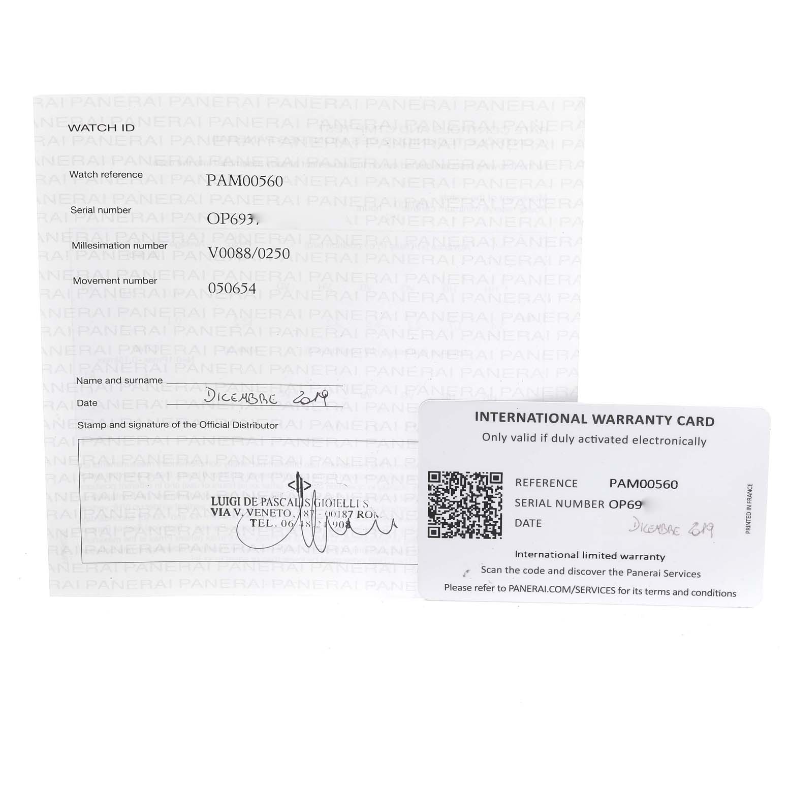 The image shows the warranty card and paperwork for a Panerai Luminor PAM00560 Men
s Stainless Steel Black Dial PAM00560 Men
s Stainless Steel Black Dial model PAM00560 watch, including details such as serial and reference numbers.