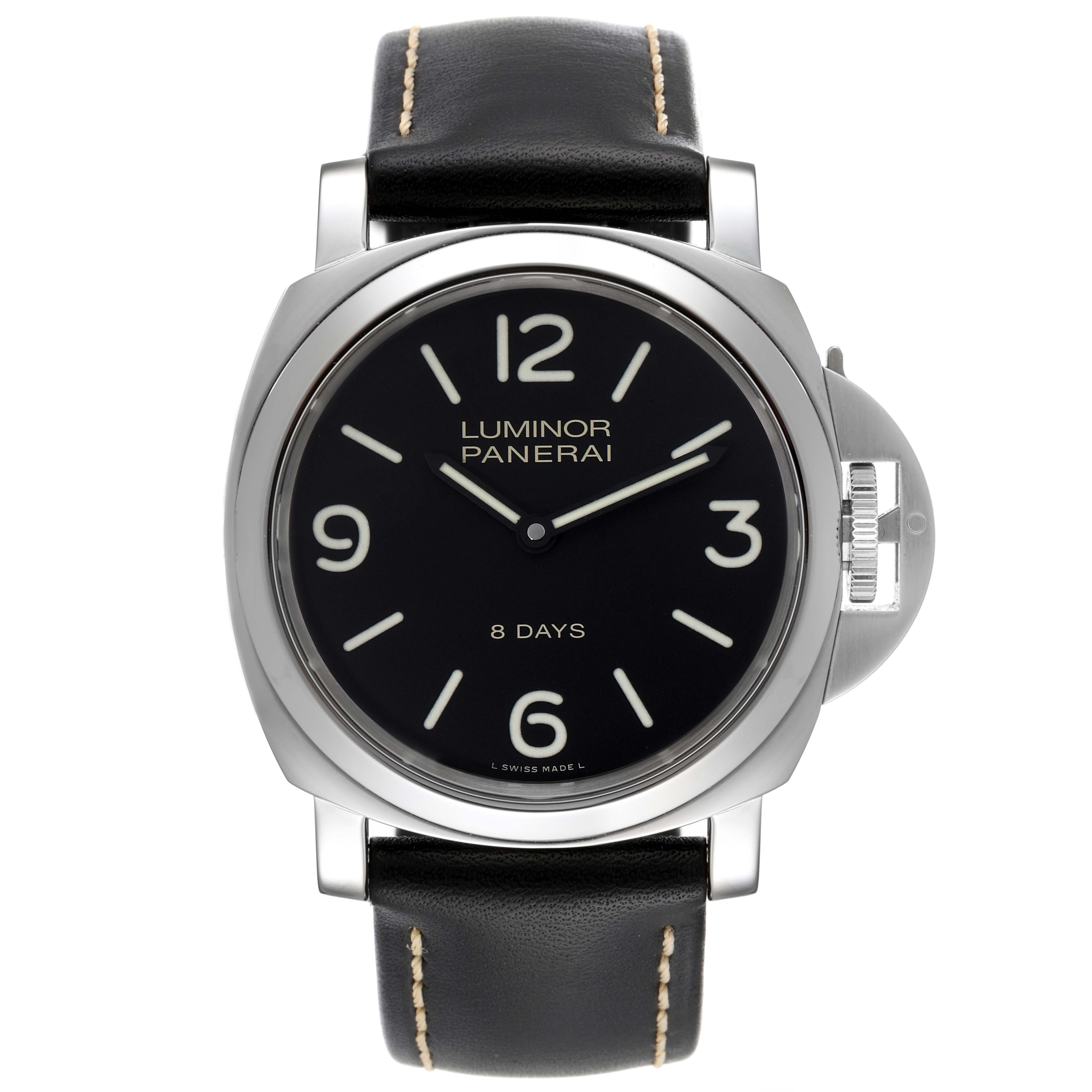 The image shows a front view of a Panerai Luminor PAM00560 Men
s Stainless Steel Black Dial PAM00560 Men
s Stainless Steel Black Dial watch, highlighting its black dial, numerals, and black leather strap.