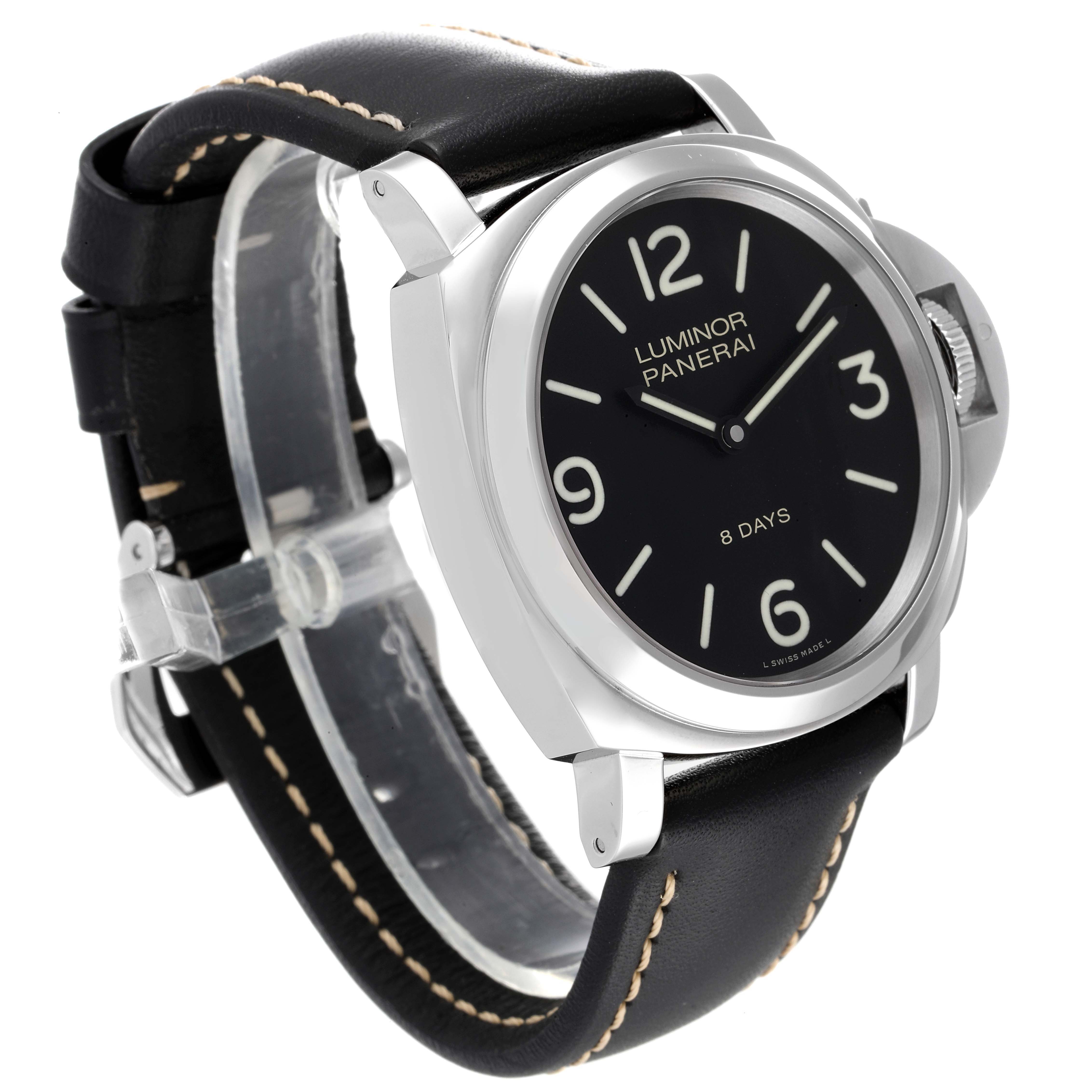 The image shows a front-side angle of the Panerai Luminor PAM00560 Men
s Stainless Steel Black Dial PAM00560 Men
s Stainless Steel Black Dial watch, highlighting the bezel, dial, and leather strap.