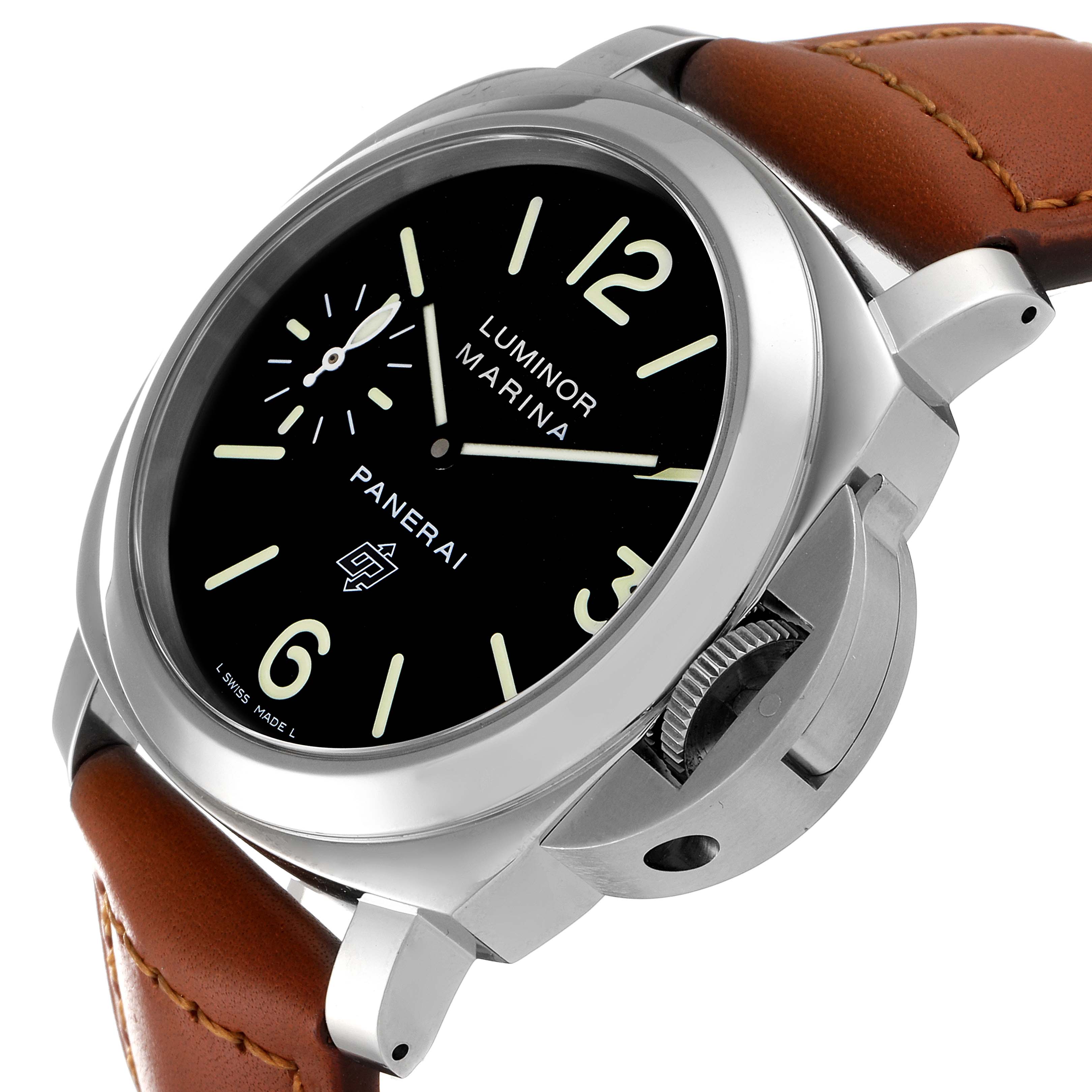 The image shows an angled view of the Panerai Luminor PAM01005 Men
s Stainless Steel Black Dial PAM01005 Men
s Stainless Steel Black Dial watch, highlighting its face, crown guard, and leather strap.