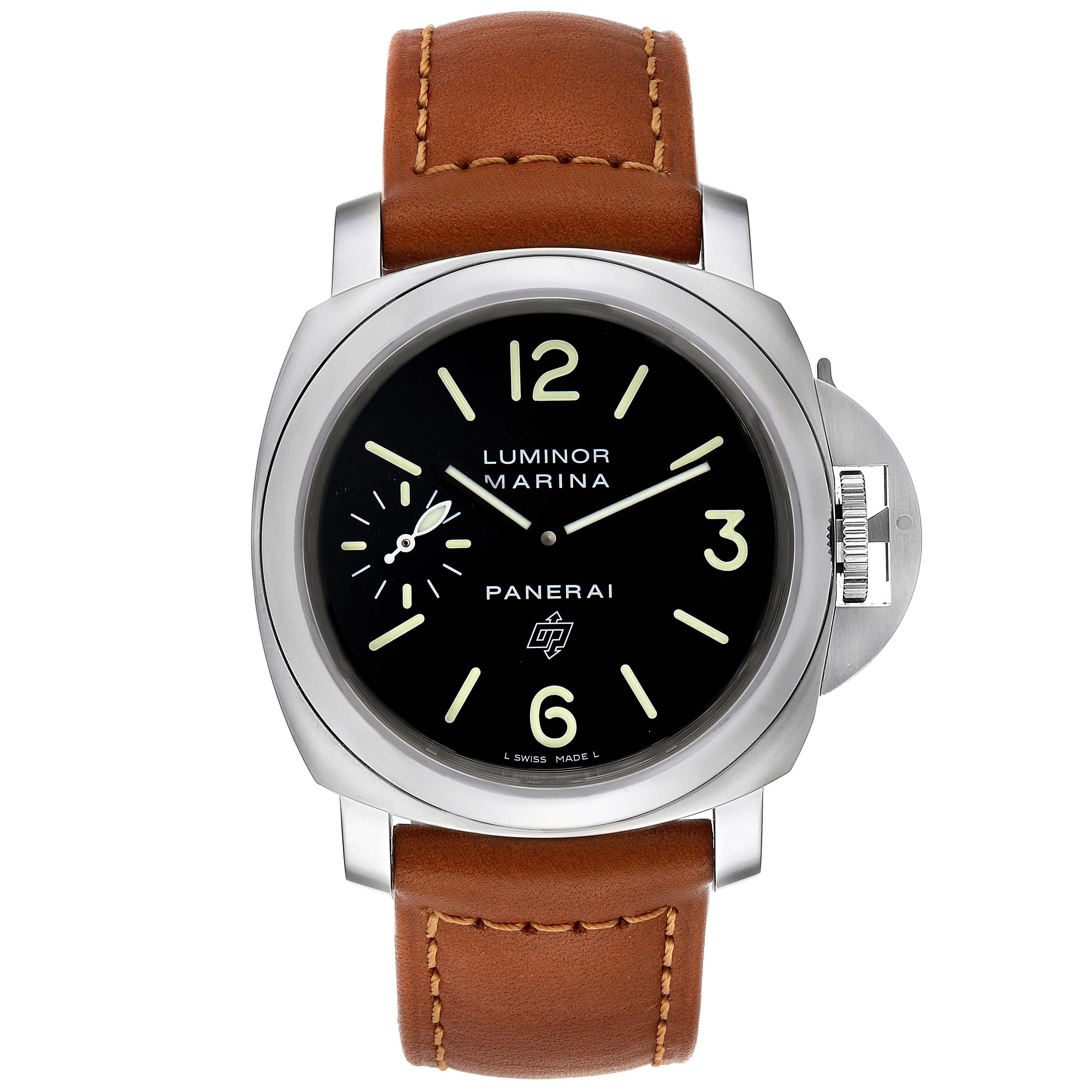 The image shows a front view of the Panerai Luminor PAM01005 Men
s Stainless Steel Black Dial PAM01005 Men
s Stainless Steel Black Dial Marina watch with a brown leather strap and black dial.