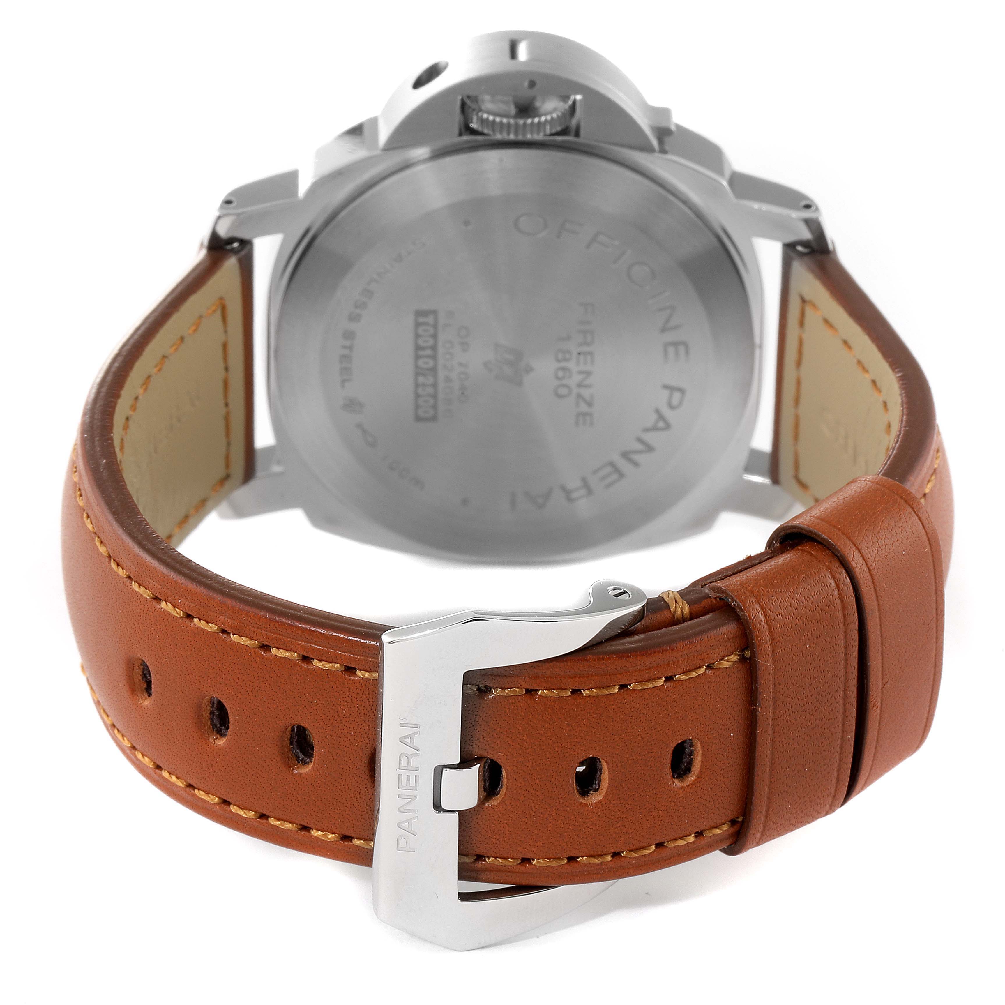 The image shows the back view of a Panerai Luminor PAM01005 Men
s Stainless Steel Black Dial PAM01005 Men
s Stainless Steel Black Dial watch with a brown leather strap and stainless steel buckle.