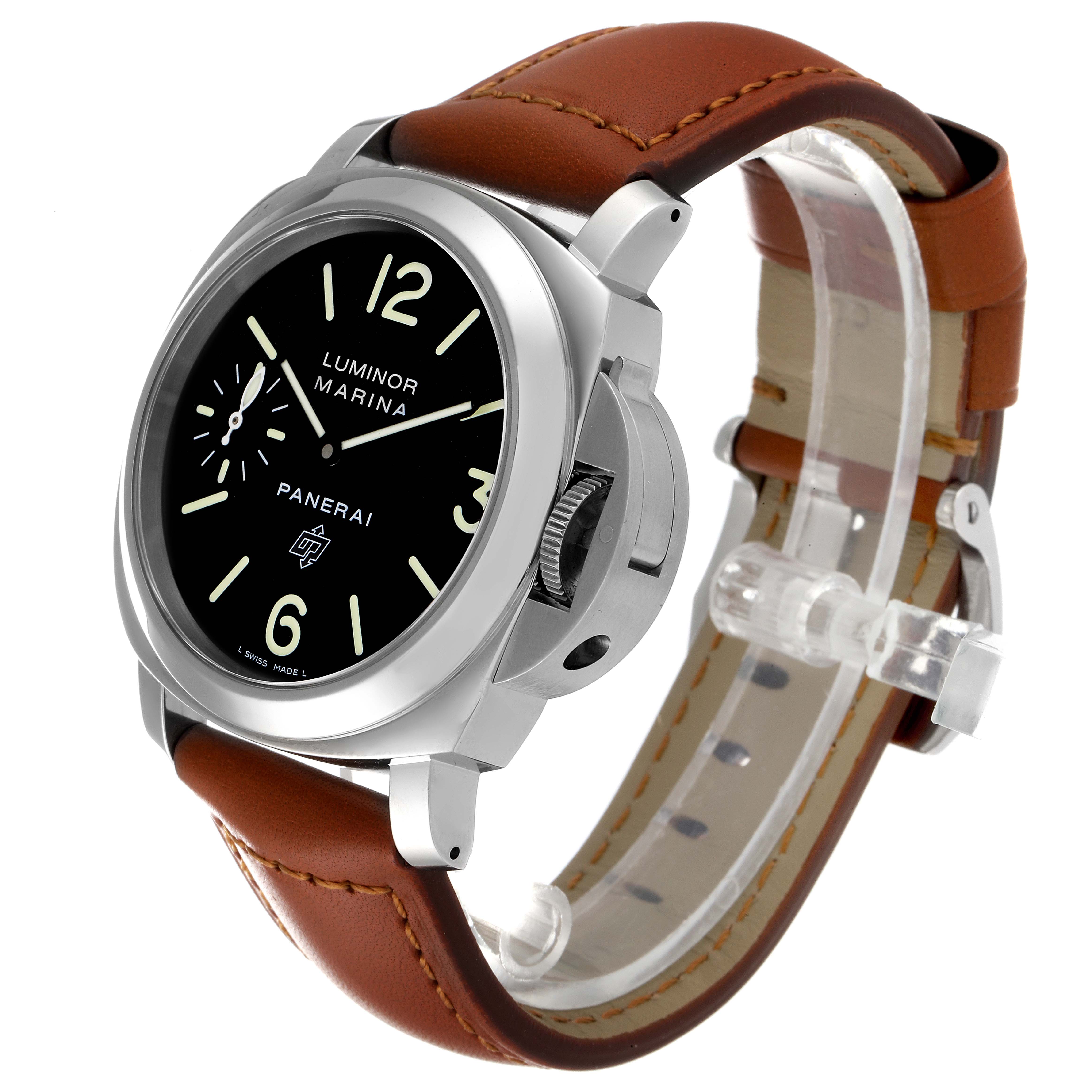 The image shows the Panerai Luminor PAM01005 Men
s Stainless Steel Black Dial PAM01005 Men
s Stainless Steel Black Dial watch from a 3/4 front angle highlighting the case, crown guard, dial, and leather strap.