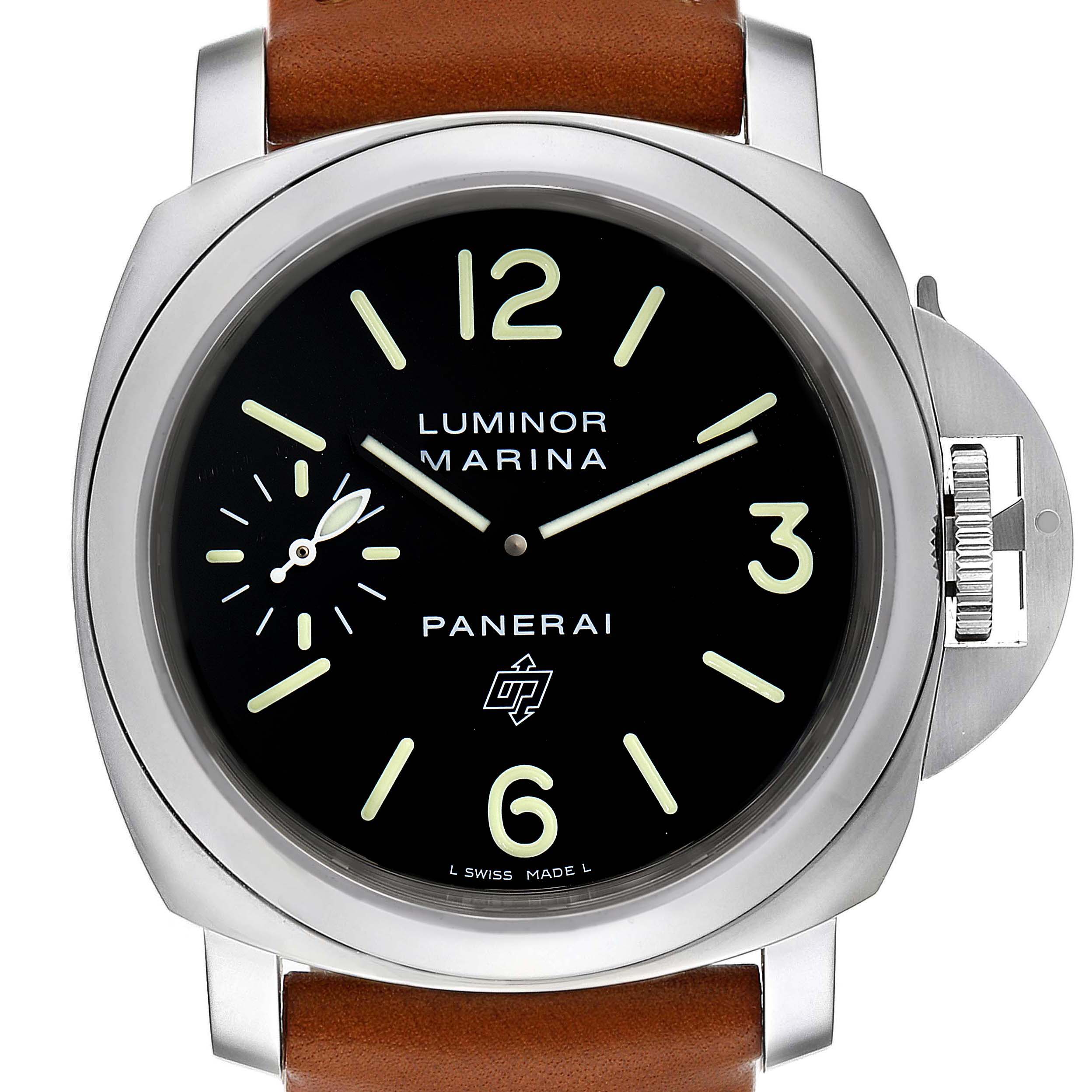 This image shows a front view of a Panerai Luminor PAM01005 Men
s Stainless Steel Black Dial PAM01005 Men
s Stainless Steel Black Dial Marina watch, featuring the dial, case, and leather strap.
