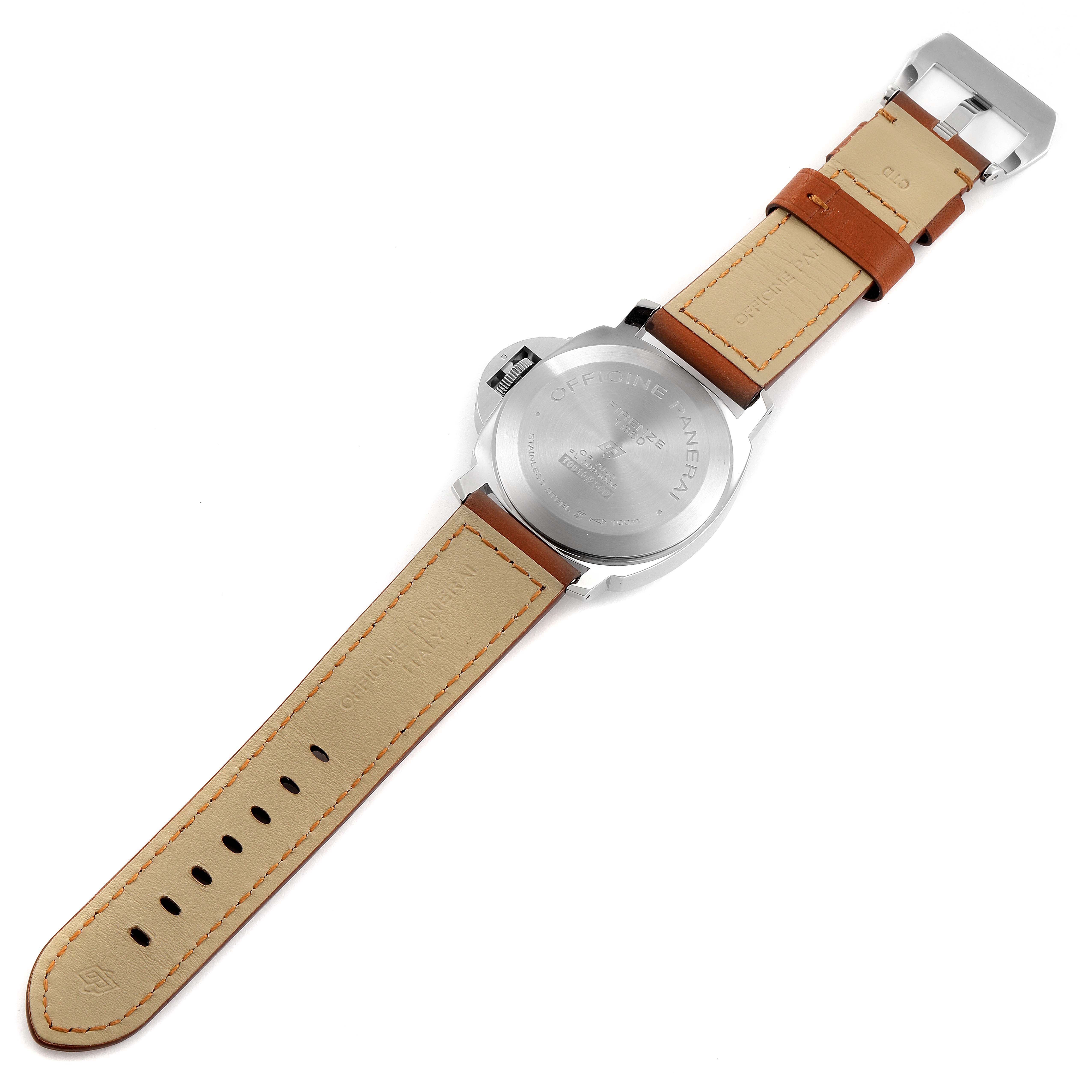 The image shows the back view of a Panerai Luminor PAM01005 Men
s Stainless Steel Black Dial PAM01005 Men
s Stainless Steel Black Dial watch, displaying its case back and leather strap.