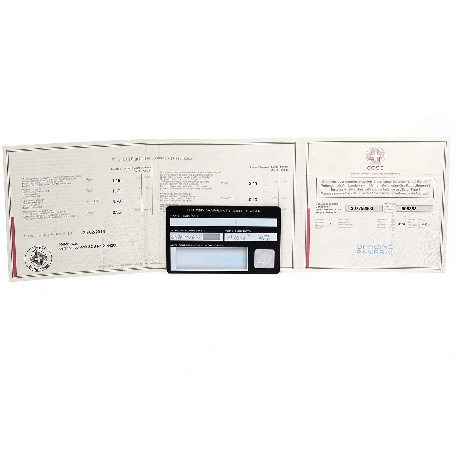 The image shows the warranty card and COSC certification documents for the Luminor model by Panerai.